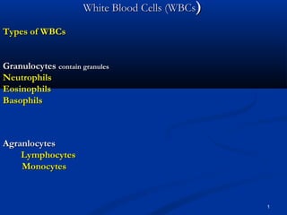 White Blood Cells (WBCsWhite Blood Cells (WBCs))
Types of WBCsTypes of WBCs
GranulocytesGranulocytes contain granulescontain granules
NeutrophilsNeutrophils
EosinophilsEosinophils
BasophilsBasophils
AgranlocytesAgranlocytes
LymphocytesLymphocytes
MonocytesMonocytes
1
 