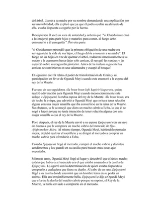 del árbol. Llamó a su madre por su nombre demandando una explicación por
su insensibilidad, ella explicó que ya que él podía ocultar su alimento de
ella, estaba dispuesta a cogerlo por la fuerza.
Desesperado él sacó su vara de autoridad y ordenó que `"si Oloddumare creó
a las mujeres para parir hijos y matarlos para comer, el fuego debe
consumirlo a él enseguida ". Por otra parte
"si Oloddumare pretendió que la primera obligación de una madre era
salvaguardar la vida de sus hijos, el fuego debía consumir a su madre". El
fuego de las hojas en vez de quemar el árbol, rodearon inmediatamente a su
madre y la quemaron hasta dejar solo cenizas, él recogió las cenizas y las
esparció sobre su resguardo protector. Antes de la mañana siguiente las
cenizas se convirtieron en una salamandra y escapó al bosque.'
El siguiente ese Ifá relata el poder de transformación de Ozain y su
participación en favor de Ogundá Meyi cuando este enamoró a la esposa del
rey de la Muerte.
Fue uno de sus seguidores Ala boun boun lofo kapiriri kaparara, quien
realizó adivinación para Ogundá Meyi cuando inconscientemente este
sedujo a Epipayemi, la rubia esposa del rey de la Muerte. Ala boun boun, era
de hecho la avispa, que advirtió a Ogundá Meyi que evitara tener relación
alguna con una mujer amarilla que iba convertirse en la reina de la Muerte.
No obstante, se le aconsejó que diera un macho cabrío a Echu, lo que él se
negó a hacer porque no tenía intención de tener relación alguna con una
mujer amarilla o con el rey de la Muerte.
Poco después, el rey de la Muerte envió a su esposa Epipayemi con un saco
de dinero a que le comprara un macho cabrío del mercado de OjaAjigbomekon Akira. Al mismo tiempo, Ogundá Meyi, habiéndolo pensado
mejor, decidió realizar el sacrificio y se dirigió al mercado a comprar un
macho cabrío para ofrendarle a Echu.
Cuando Epipayemi llegó al mercado, compró el macho cabrío y distintos
condimentos y los guardó en su casilla para buscar otras cosas que
necesitaba.
Mientras tanto, Ogundá Meyi llegó al lugar y descubrió que el único macho
cabrío que había en el mercado era el que estaba amarrado a la casilla de
Epipayemi. Lo agarró con la determinación de quien estaba dispuesto a
comprarlo a cualquiera que fuera su dueño. Al cabo de un rato, Epipayemi
llegó a su casilla donde encontró que un hombre tenía en su poder un
animal. Ella era irresistiblemente bella, Epipayemi le dijo a Ogundá Meyi
que ella era la dueña del macho cabrío porque su esposo, el Rey de la
Muerte, la había enviado a comprarlo en el mercado.

 