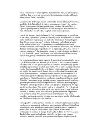 En su santuario se ve cerca la planta llamada Palma Real, su árbol sagrado.
La Palma Real se cree que sea un árbol depositario de ofrendas a Changó,
sobre todo en Cuba y en África.
Los sacerdotes de Changó buscan las llamadas piedras de rayo (belemnitas),
alrededor de la Palma Real, la cual es respetada por el rayo y los vientos
fuertes. Algunos eses lfá correspondientes a los odus Okonrón Meyi y
Oyekú Ogundá ponen de manifiesto el carácter sagrado de la Palma Real
para este oricha y no la Ceiba (Aragba), como muchos piensan.
Una de las formas a través de la cual la "ira" de Oloddumare se manifiesta,
es en Jakuta, quien lanza piedras a los malhechores. Esto introduce el miedo
en los hombres v mujeres que son malvados e inmorales. Por eso la gente
dice, Onimu nsimu, eke nsa, " el dueño de la nariz vuelve la nariz hacia
arriba y el mentiroso huye". Algunas veces cuando hay estruendos de
truenos o destellos de relámpagos. las personas que están cerca unas de otras
dirán en broma (aunque respaldadas por la creencia) e jeki a duro lotooto. "
vamos a separarnos". La idea es que cuando la gente está cerca una de otra y
la "ira" desciende, puede caer no solo en el malo sino que el inocente que
tiene al lado, puede verse también adversamente afectado.
No obstante, existe una fuerte creencia de que solo a los malvados les cae el
rayo. Consecuentemente. siempre que a alguien lo mata un rayo o un rayo
cae en su casa, se cree que esa persona ha cometido actos atroces y que los
miembros de la casa así afectada eran malos. Por lo tanto. nadie se solidariza
con los familiares del fallecido, ni le dan un entierro adecuado. Solamente
los Magba, los sacerdotes de Sango, disponen el traslado de esos cuerpos
hacia "el matorral malo", donde se dispone de estos de manera ritual. Las
pertenencias del fallecido si no fueron destruidas por el rayo, pasan a los
sacerdotes, si Changó lo autoriza, o se llevan para el matorral junto con el
fallecido. Una casa en la que ha caído un rayo, no puede ser utilizada hasta
que se haya ofrecido el sacrificio propiciatorio necesario. Esto es porque
Changó ha tomado posesión de esta y sería peligroso disputársela. De aquí
que los yorubás dicen, Bi o ha sile, onile a lo wo lagbede, " si él desciende
sobre una casa. el dueño se tiene que ir para una herrería ". Aquí podemos
recordar la creencia de los nuer de Sudán quienes mantienen un punto de
vista contrario: entre ellos, una persona a quien le cae un rayo no se
considera que muere como un pecador, sino que se cree que ha sido llamado
por Oloddumare quien necesita su alma.
En los pueblos y villas yorubás abundan los santuarios de Changó. En ellos
pueden verse imágenes de un hombre (representando a Changó) rodeado de
tres imágenes más pequeñas (representando quizás a sus tres esposas), o
puede verse la imagen con la cabeza y los cuernos de un carnero y
sosteniendo en su mano el mango de un hacha de doble filo (Oree, Sango).
También hay sonajeros hechos de güiro (Seeree Sango), un mortero
invertido, una olla grande de agua que contiene algunos implementos de

 
