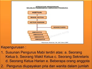 Kepengurusan :
1. Susunan Pengurus Mabi terdiri atas: a. Seorang
Ketua b. Seorang Wakil Ketua c. Seorang Sekretaris
d. Seorang Ketua Harian e. Beberapa orang anggota
2. Pengurus diupayakan pria dan wanita dalam jumlah
 