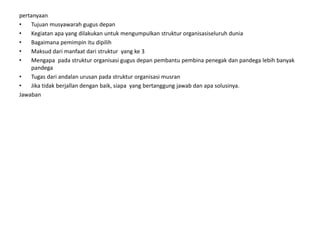 pertanyaan
• Tujuan musyawarah gugus depan
• Kegiatan apa yang dilakukan untuk mengumpulkan struktur organisasiseluruh dunia
• Bagaimana pemimpin itu dipilih
• Maksud dari manfaat dari struktur yang ke 3
• Mengapa pada struktur organisasi gugus depan pembantu pembina penegak dan pandega lebih banyak
pandega
• Tugas dari andalan urusan pada struktur organisasi musran
• Jika tidak berjallan dengan baik, siapa yang bertanggung jawab dan apa solusinya.
Jawaban
 