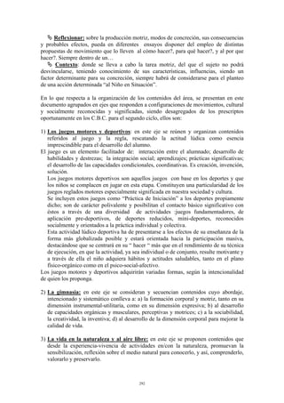 Reflexionar: sobre la producción motriz, modos de concreción, sus consecuencias
y probables efectos, pueda en diferentes ensayos disponer del empleo de distintas
propuestas de movimiento que lo lleven al cómo hacer?, para qué hacer?, y al por que
hacer?. Siempre dentro de un…
       Contexto: donde se lleva a cabo la tarea motriz, del que el sujeto no podrá
desvincularse, teniendo conocimiento de sus características, influencias, siendo un
factor determinante para su concreción, siempre habrá de considerarse para el planteo
de una acción determinada “al Niño en Situación”.

En lo que respecta a la organización de los contenidos del área, se presentan en este
documento agrupados en ejes que responden a configuraciones de movimientos, cultural
y socialmente reconocidas y significadas, siendo desagregados de los prescriptos
oportunamente en los C.B.C. para el segundo ciclo, ellos son:

1) Los juegos motores y deportivos: en este eje se reúnen y organizan contenidos
   referidos al juego y la regla, rescatando la actitud lúdica como esencia
   imprescindible para el desarrollo del alumno.
El juego es un elemento facilitador de: interacción entre el alumnado; desarrollo de
   habilidades y destrezas; la integración social; aprendizajes; prácticas significativas;
   el desarrollo de las capacidades condicionales, coordinativas. Es creación, invención,
   solución.
   Los juegos motores deportivos son aquellos juegos con base en los deportes y que
   los niños se complacen en jugar en esta etapa. Constituyen una particularidad de los
   juegos reglados motores especialmente significada en nuestra sociedad y cultura.
   Se incluyen estos juegos como “Práctica de Iniciación” a los deportes propiamente
   dicho; son de carácter polivalente y posibilitan el contacto básico significativo con
   éstos a través de una diversidad de actividades :juegos fundamentadores, de
   aplicación pre-deportivos, de deportes reducidos, mini-deportes, reconocidos
   socialmente y orientados a la práctica individual y colectiva.
   Esta actividad lúdico deportiva ha de presentarse a los efectos de su enseñanza de la
   forma más globalizada posible y estará orientada hacia la participación masiva,
   destacándose que se centrará en su “ hacer “ más que en el rendimiento de su técnica
   de ejecución, en que la actividad, ya sea individual o de conjunto, resulte motivante y
   a través de ella el niño adquiera hábitos y actitudes saludables, tanto en el plano
   físico-orgánico como en el psico-social-afectivo.
Los juegos motores y deportivos adquirirán variadas formas, según la intencionalidad
de quien los proponga.

2) La gimnasia: en este eje se consideran y secuencian contenidos cuyo abordaje,
   intencionado y sistemático conlleva a: a) la formación corporal y motriz, tanto en su
   dimensión instrumental-utilitaria, como en su dimensión expresiva; b) al desarrollo
   de capacidades orgánicas y musculares, perceptivas y motrices; c) a la sociabilidad,
   la creatividad, la inventiva; d) al desarrollo de la dimensión corporal para mejorar la
   calidad de vida.

3) La vida en la naturaleza y al aire libre: en este eje se proponen contenidos que
   desde la experiencia-vivencia de actividades en/con la naturaleza, promuevan la
   sensibilización, reflexión sobre el medio natural para conocerlo, y así, comprenderlo,
   valorarlo y preservarlo.



                                           292
 