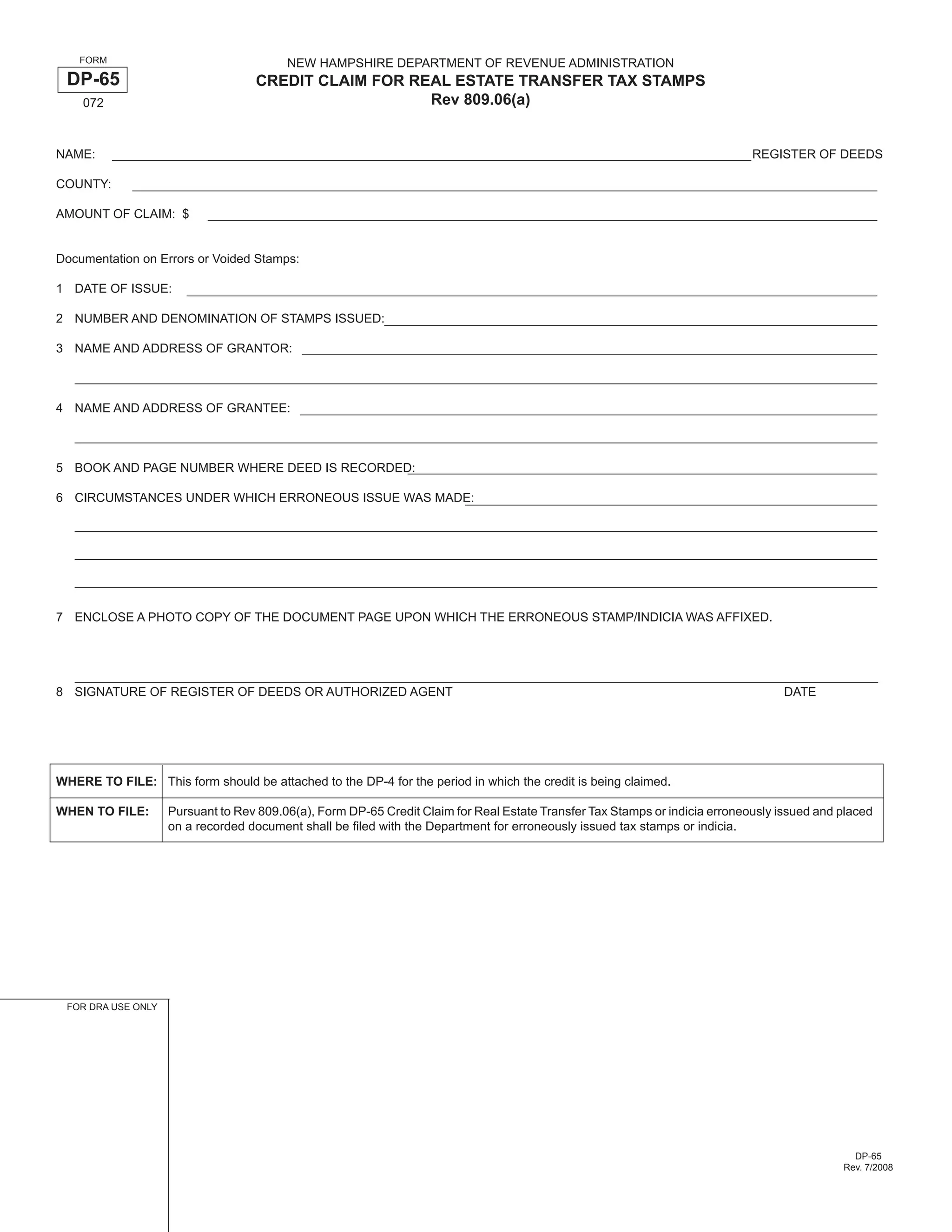 Credit Claim for Real Estate Transfer Tax Stamps