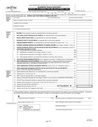 NEW HAMPSHIRE DEPARTMENT OF REVENUE ADMINISTRATION
       FORM
                                                         BUSINESS TAXES FIDUCIARY
  DP-87 FID
                                                 REPORT OF CHANGE FOR IRS ADJUSTMENT ONLY
        725
                                                                                                                                                                      FOR DRA USE ONLY
For the CALENDAR year                        or other taxable period beginning                                         and ending
                                                                                               Mo       Day     Year                    Mo       Day     Year
This form is to be used to report any change to the New Hampshire Business Proﬁts Tax return caused by a ﬁnal determination of an Internal
Revenue Service Examination only. DO NOT USE THIS FORM TO AMEND A RETURN.
 STEP 1        LAST NAME                                                FIRST NAME AND INITIAL                SOCIAL SECURITY NUMBER
 Print or
               NAME OF FIDUCIARY, ESTATE OR TRUST                                                             FEDERAL EMPLOYER IDENTIFICATION NUMBER
 Type
              NUMBER & STREET ADDRESS


              ADDRESS (Continued)


              CITY/TOWN, STATE AND ZIP CODE


STEP 2
              1     INCOME Gross receipts or sales as originally ﬁled or previously adjusted ............................................. 1
Figure
              2     NET GAIN (LOSS) FROM SALE OF ASSETS as originally ﬁled or previously adjusted .................... 2
Your
Tax
              3     INSTALLMENT GAIN (L0SS) as originally ﬁled or previously adjusted ............................................... 3

              4     SEPARATE ENTITY ADJUSTMENT as originally ﬁled or previously adjusted...................................... 4
              5     GROSS BUSINESS PROFITS as originally ﬁled or previously adjusted (Combine Line 1 - 4) ................. 5
              6     INTERNAL REVENUE SERVICE ADJUSTMENTS TO FEDERAL INCOME (From Page 2, Section 1, Line 1) 6
              7     GROSS BUSINESS PROFITS AS ADJUSTED BY IRS ADJUSTMENTS (Line 5 adjusted by Line 6) 7
              8     ADDITIONS AND DEDUCTIONS
                    (a) As originally ﬁled or previously adjusted ....................................................................................... 8(a)
                    (b)     Adjustments to additions from Page 2, Section 2, Line 2 .............................................................. 8(b)
                    (c)     Adjustments to deductions from Page 2, Section 3, Line 3 ............................................................ 8(c)
                    (d)     Total adjusted additions and deductions [Combine Lines 8(a), 8(b) and 8(c)] .............................. 8(d)
              9     ADJUSTED GROSS BUSINESS PROFITS (Line 7 adjusted by Line 8(d). If negative show in parenthesis) . 9
              10    NEW HAMPSHIRE APPORTIONMENT (Form DP-80, Line 5. Express as a decimal to 6 places.)
                    If this apportionment percentage is different from the percentage originally ﬁled or previously
                                                                                                                                                                            .
                    adjusted, check here      and attach a revised DP-80............................................................................ 10
              11    NEW HAMPSHIRE TAXABLE BUSINESS PROFITS (Line 9 x Line 10. If negative, enter 0.) ............ 11
              12    NEW HAMPSHIRE BUSINESS PROFITS TAX AS ADJUSTED BY IRS ADJUSTMENTS ................. 12
                    (Line 11 x tax rate, see DP-87 instructions)
 STEP 3       13    Credits allowed under RSA 77-A:5 as originally ﬁled or previously adjusted ........................................... 13
 Figure
              14    Subtotal (Line 12 minus Line 13)............................................................................................................ 14
 Your
 Amount       15    BET Credit as originally ﬁled or previously adjusted .............................................................................. 15
 Due
              16    Balance of Business Enterprise Tax due (Page 2, Section 4, Line F) [If Line F is NEGATIVE, ENTER ZERO.] . 16
              17    NH BPT Net of Statutory Credits as originally ﬁled or previously adjusted ............................................ 17
              18    Balance of tax due (Line 14 minus Line 15 plus Line 16 minus Line 17) ............................................... 18
              19    Interest due (see DP-87 instructions) ..................................................................................................... 19
                                                                                                                 PAY THIS AMOUNT
              20    Balance due (Line 18 plus Line 19) ......................................................................................................... 20
              21    Refund due (If Line 18 is negative, enter here) ............................................ 21

              Under penalties of perjury, I declare that I have examined this form and to the best of my belief it is true, correct and complete. (If prepared
              by a person other than the taxpayer, this declaration is based on all information of which the preparer has knowledge.)

                      x                                                                                           x
                          SIGNATURE (IN INK) OF TAXPAYER                                               DATE       SIGNATURE (IN INK) OF PREPARER OTHER THAN TAXPAYER                        DATE


                                                                                                                  PRINT PREPARER'S NAME & IDENTIFICATION NUMBER
                       PRINT SIGNATORY NAME & TITLE
 FOR DRA USE ONLY

                                NH DRA                                                                            PREPARER ADDRESS
                           MAIL AUDIT DIVISION
                           TO: PO BOX 457
                                CONCORD, NH 03302-0457                                                             CITY/TOWN, STATE AND ZIP CODE




                                                                                                                                                                                          DP-87 FID
                                                                                                                                                                                         Rev. 09/2008
                                                                                          page 93
 