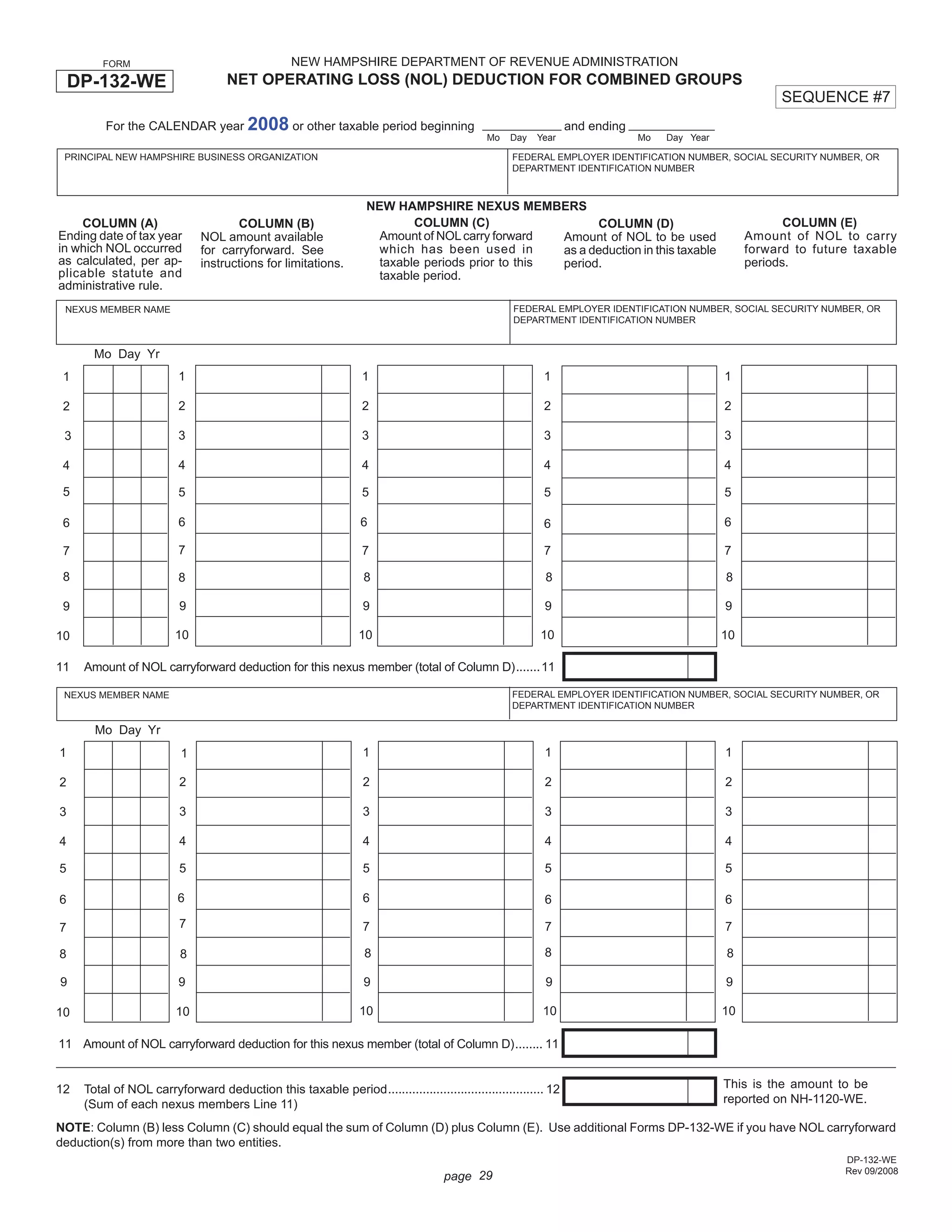 Combined Group Net Operating Loss (NOL) Deduction Form PDF