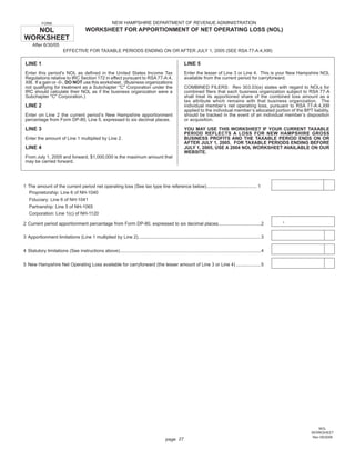 NEW HAMPSHIRE DEPARTMENT OF REVENUE ADMINISTRATION
            FORM

   NOL                                   WORKSHEET FOR APPORTIONMENT OF NET OPERATING LOSS (NOL)
WORKSHEET
     After 6/30/05
                          EFFECTIVE FOR TAXABLE PERIODS ENDING ON OR AFTER JULY 1, 2005 (SEE RSA 77-A:4,XIII)

                                                                                                          LINE 5
 LINE 1
                                                                                                          Enter the lesser of Line 3 or Line 4. This is your New Hampshire NOL
 Enter this period's NOL as deﬁned in the United States Income Tax
                                                                                                          available from the current period for carryforward.
 Regulations relative to IRC Section 172 in effect pursuant to RSA 77-A:4,
 XIII. If a gain or -0-, DO NOT use this worksheet. (Business organizations
                                                                                                          COMBINED FILERS: Rev 303.03(e) states with regard to NOLs for
 not qualifying for treatment as a Subchapter quot;Cquot; Corporation under the
                                                                                                          combined ﬁlers that each business organization subject to RSA 77-A
 IRC should calculate their NOL as if the business organization were a
                                                                                                          shall treat its apportioned share of the combined loss amount as a
 Subchapter quot;Cquot; Corporation.)
                                                                                                          tax attribute which remains with that business organization. The
 LINE 2                                                                                                   individual member’s net operating loss, pursuant to RSA 77-A:4,XIII
                                                                                                          applied to the individual member’s allocated portion of the BPT liability,
                                                                                                          should be tracked in the event of an individual member’s disposition
 Enter on Line 2 the current period’s New Hampshire apportionment
                                                                                                          or acquisition.
 percentage from Form DP-80, Line 5, expressed to six decimal places.

 LINE 3                                                                                                   YOU MAY USE THIS WORKSHEET IF YOUR CURRENT TAXABLE
                                                                                                          PERIOD REFLECTS A LOSS FOR NEW HAMPSHIRE GROSS
                                                                                                          BUSINESS PROFITS AND THE TAXABLE PERIOD ENDS ON OR
 Enter the amount of Line 1 multiplied by Line 2.
                                                                                                          AFTER JULY 1, 2005. FOR TAXABLE PERIODS ENDING BEFORE
 LINE 4                                                                                                   JULY 1, 2005, USE A 2004 NOL WORKSHEET AVAILABLE ON OUR
                                                                                                          WEBSITE.
 From July 1, 2005 and forward, $1,000,000 is the maximum amount that
 may be carried forward.




1 The amount of the current period net operating loss (See tax type line reference below)....................................... 1
  Proprietorship: Line 6 of NH-1040
  Fiduciary: Line 6 of NH-1041
  Partnership: Line 5 of NH-1065
  Corporation: Line 1(c) of NH-1120
                                                                                                                                                                  .
2 Current period apportionment percentage from Form DP-80, expressed to six decimal places.................................2

3 Apportionment limitations (Line 1 multiplied by Line 2) ...............................................................................................3

4 Statutory limitations (See instructions above) .............................................................................................................4

5 New Hampshire Net Operating Loss available for carryforward (the lesser amount of Line 3 or Line 4) ...................5




                                                                                                                                                                             NOL
                                                                                                                                                                          WORKSHEET
                                                                                                                                                                          Rev 09/2008
                                                                                              page 27
 