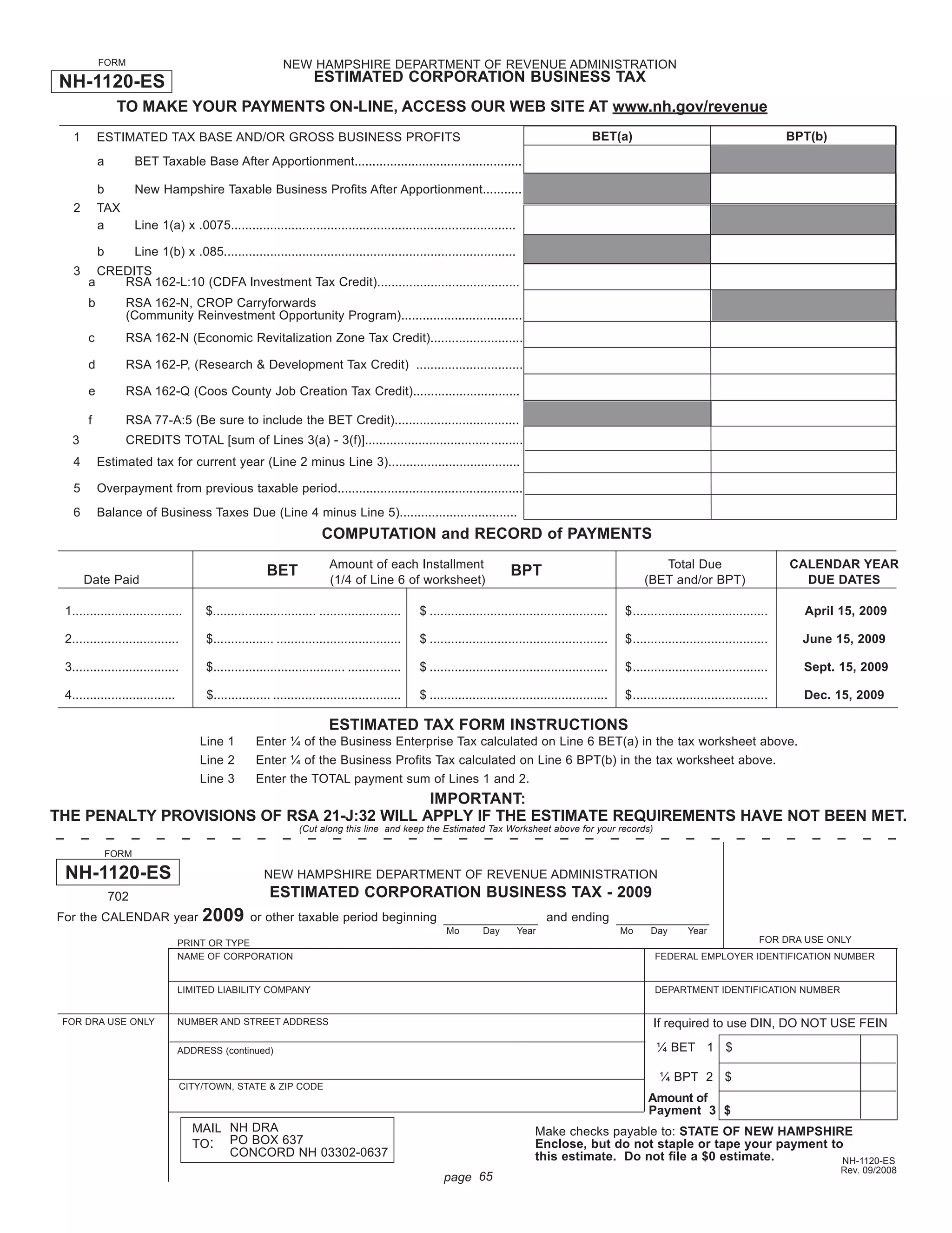 Estimated Corporation and Combined Group Business Tax Quarterly Payment Forms