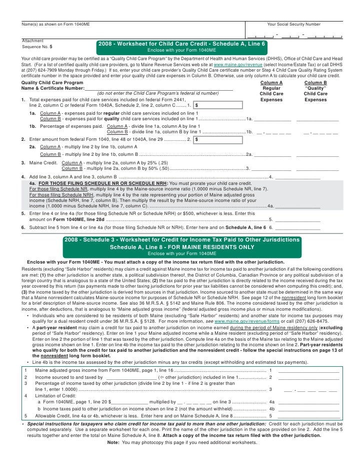 schedule a adjustments to tax child care credit worksheet schedule 3 maine form 1040me