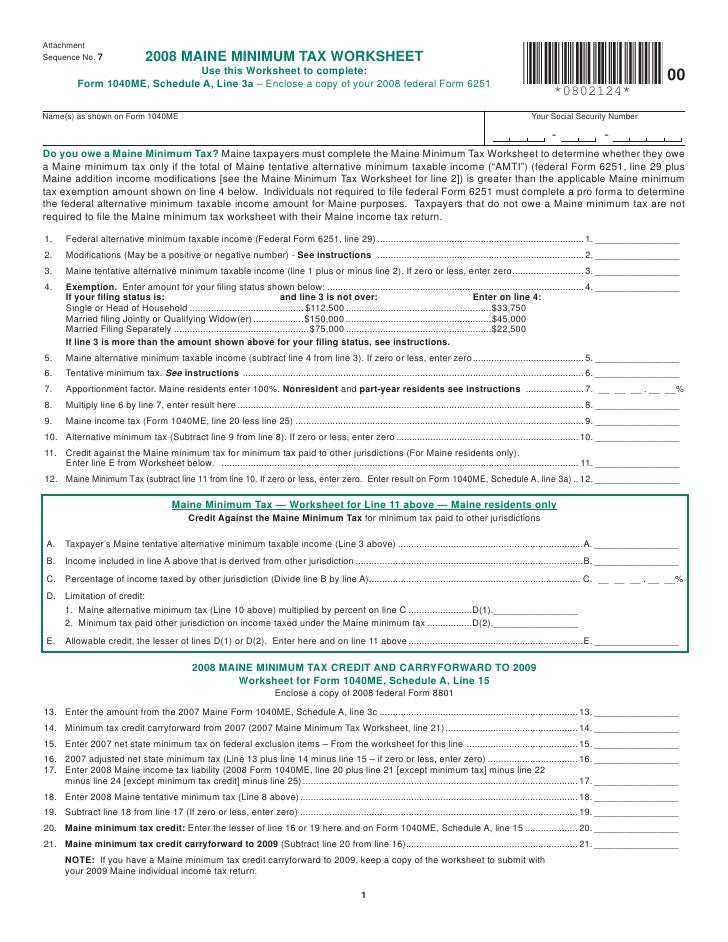 minimum tax worksheet maine form 1040me