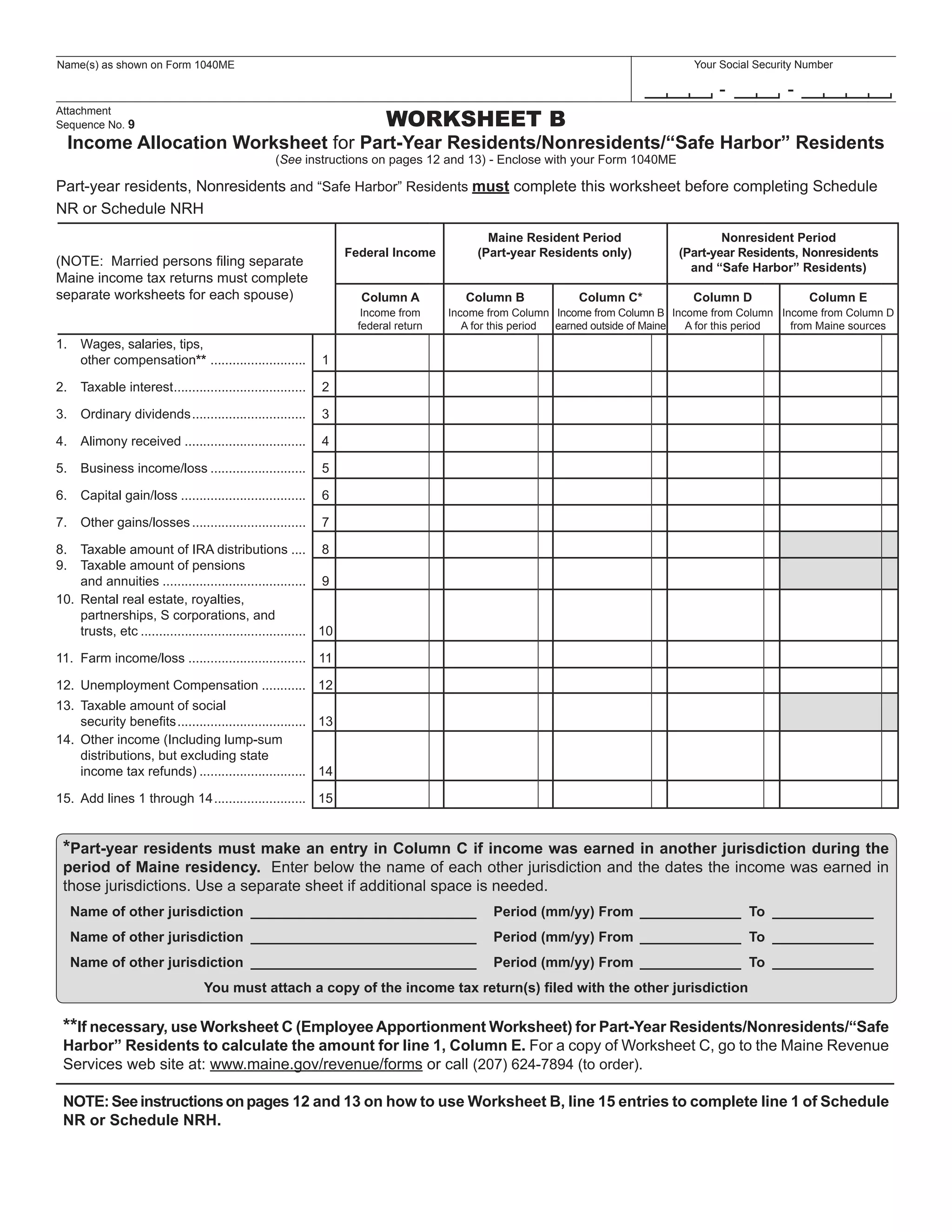Worksheets A & B residency information and income allocation for nonresidents and part-year residents
