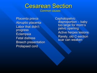 Cesarean Section Common causes <ul><ul><li>Placenta previa </li></ul></ul><ul><ul><li>Abruptio placenta </li></ul></ul><ul...