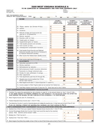 2008 WEST VIRGINIA SCHEDULE A
                                     TO BE COMPLETED BY NONRESIDENTS AND PART-YEAR RESIDENTS ONLY
                                                                                                                                      SOCIAL
PRIMARY LAST
                                                                                                                                      SECURITY
NAME SHOWN
                                                                                                                                      NUMBER
ON FORM IT-140

PART- YEAR RESIDENTS: ENTER
PERIOD OF WEST VIRGINIA RESIDENCY                    FROM                                                               TO
                                                                                                     YYYY
                                                                  MM               DD                                            MM              DD            YYYY
                               INCOME
                                                                                                                                                                                    COLUMN C
                                                                                                                                                      COLUMN B
                                                                                                                      COLUMN A
                                                                                                                                                                               WEST VIRGINIA SOURCE
                                                                                                                                                 ALL INCOME DURING
                                                                                                                    AMOUNT FROM
                                                                                                                                                                                 INCOME DURING
                                                                                                                                                   PERIOD OF WEST
                                                                                                                   FEDERAL RETURN
                                                                                                                                                                               NONRESIDENT PERIOD
                                                                                                                                                 VIRGINIA RESIDENCY

                                                                                                                                      .00                                .00                      .00
                                                                                                            49
                         49. Wages, salaries, tips (Enclose W-2(s))..............
                                                                                                                                      .00                                .00                      .00
                         50. Interest................................................................       50
                                                                                                                                      .00                                .00                      .00
                                                                                                            51
                         51. Dividends............................................................        765432109876543212109876543210987654321098765432121098765432109876543210987654321
                                                                                                          765432109876543212109876543210987654321098765432121098765432109876543210987654321
                                                                                                          765432109876543212109876543210987654321098765432121098765432109876543210987654321
                         52. Refunds of state and local income tax                                        765432109876543212109876543210987654321098765432121098765432109876543210987654321
                                                                                                          765432109876543210987654321
                                                                                                                                     1
                                                                                                          765432109876543210987654321
                                                                                                                                      .00                                .00                      .00
                                                                                                            52
                             (see line 41 of Schedule M)................................
                                                                                                          765432109876543210987654321
                                                                                                          765432109876543210987654321
                                                                                                          765432109876543210987654321
                                                                                                                                      .00                                .00                      .00
                                                                                                          765432109876543210987654321
                                                                                                            53
                         53. Alimony received.................................................            765432109876543210987654321
                                                                                                          76543210987654321098765432

                                                                                                                                      .00                                .00                      .00
                                                                                                            54
                         54. Business profit (or loss).....................................
*P40200805W*




                                                                                                                                      .00                                .00                      .00
                                                                                                            55
                         55. Capital gains (or losses).....................................
                                                                                                                                      .00                                .00                      .00
                         56. Supplemental gains (or losses)..........................                       56
                                                                                                                                      .00                                .00                      .00
                         57. Total taxable pensions and annuities..................                         57
                                                                                                                                      .00                                .00                      .00
                         58. Farm income (or loss).........................................                 58
                                                                                                                                      .00                                .00                      .00
                         59. Unemployment compensation insurance............                                59                                                                             1
                                                                                                         8765432109876543212109876543210987654321098765432121098765432109876543210987654321
                                                                                                         8
                                                                                                                                                                                           1
                                                                                                         8765432109876543212109876543210987654321098765432121098765432109876543210987654321
                                                                                                         876543210987654321210987654321098765432109876543212109876543210987654321098765432
                                                                                                         8765432109876543212109876543210987654321098765432121098765432109876543210987654321
                         60. Total taxable Social Security and Railroad                                    765432109876543212109876543210987654321098765432121098765432109876543210987654321
                                                                                                         8765432109876543212109876543210987654321098765432121098765432109876543210987654321
                                                                                                         876543210987654321210987654321098765432109876543212109876543210987654321098765432
                             Retirement benefits (see line 40 of Schedule M                              8765432109876543212109876543210987654321098765432121098765432109876543210987654321
                                                                                                         8765432109876543212109876543210987654321098765432121098765432109876543210987654321
                                                                                                                                      .00                                .00                      .00
                             for Railroad Retirement benefits).........................                     60
                                                                                                         8765432109876543212109876543210987654321098765432121098765432109876543210987654321
                                                                                                         87654321098765432121098765432109876543210987654321210987654321098765432109876543211
                                                                                                         8765432109876543212109876543210987654321098765432121098765432109876543210987654321
                         61. Other income from federal return (identify source)                          8765432109876543212109876543210987654321098765432121098765432109876543210987654321
                                                                                                         876543210987654321210987654321098765432109876543212109876543210987654321098765432
                                                                                                                                      .00                                .00                      .00
                                                                      .................                     61
                                                                                                                                      .00                                .00                      .00
                         62. Total income (add lines 49 through 61)...............                          62
                             ADJUSTMENTS
                                                                                                                                      .00                                .00                      .00
                         63. Deductible payments to an IRA...........................                       63
                                                                                                                                      .00                                .00                      .00
                         64. Moving expenses................................................                64
                                                                                                                                      .00                                .00                      .00
                         65. Self-employment tax deduction....................................              65
                                                                                                                                      .00                                .00                      .00
                                                                                                            66
                         66. Self-employment health insurance deduction.
                                                                                                                                      .00                                .00                      .00
                         67. Payments to a Keogh retirement plan.............                               67
                                                                                                                                      .00                                .00                      .00
                                                                                                            68
                         68. Penalty for early withdrawal of savings.............
                                                                                                                                      .00                                .00                      .00
                         69. Other adjustments ...............................................              69
                                                                                                                                      .00                                .00                      .00
                         70. Total adjustments (add lines 63 through 69)........                            70
                                                                                                         98765432109876543212109876543210987654321098765432121098765432109876543210987654321
                                                                                                         98765432109876543212109876543210987654321098765432121098765432109876543210987654321
                                                                                                                                                                         00
                                                                                                         98765432109876543212109876543210987654321098765432121098765432109876543210987654321
                                                                                                         98765432109876543212109876543210987654321098765432121098765432109876543210987654321
                         71. Adjusted gross income (subtract line 70 from
                                                                                                                           .00                                           .00                      .00
                             line 62 in each column)................................................. 71
                                                                                                                                                                                                  .00
                                                                                                                                                                               72
                         72. West Virginia income (line 71, Column B plus line 71, Column C)..........................................................................     765432109876543210987654321
                                                                                                                                                                         .00
                                                                                                                                                                           765432109876543210987654321
                                                                                                                                                                           765432109876543210987654321
                         73. Income subject to West Virginia state tax but exempt from federal tax ........ 73                                                             765432109876543210987654321

                                                                                                                                                                               74                 .00
                         74. Total West Virginia income (line 72 plus line 73). Enter here and on line 2 below..................................
 PART I: NONRESIDENT/PART-YEAR RESIDENT TAX CALCULATION
                                                                                                                                                                                                  .00
                                                                                                                                                                                1
 1. Tentative Tax (apply the appropriate tax rate schedule on page 44 to the amount shown on line 7, Form IT-140).....                                                     765432109876543210987654321
                                                                                                                                                                                                      1
                                                                                                                                                                           765432109876543210987654321
      IF YOU WERE SUBJECT TO FEDERAL MINIMUM TAX, USE SCHEDULE T TO CALCULATE YOUR TAX AFTER YOU                                                                           765432109876543210987654321
                                                                                                                                                                           76543210987654321098765432
                                                                                                                                                                           765432109876543210987654321
      HAVE DERIVED THE DECIMAL ON LINE 6 BELOW (ATTACH SCHEDULE T TO YOUR RETURN).                                                                                         765432109876543210987654321
                                                                                                                                                                           765432109876543210987654321
                                                                                                                                                                           765432109876543210987654321
                                                                                                                                                                           765432109876543210987654321
 2. West Virginia Income (line 74, Schedule A)................................................................                                                           .00
                                                                                                                                        2
                                                                                                                                                                           765432109876543210987654321
                                                                                                                                                                           765432109876543210987654321
                                                                                                                                                                           765432109876543210987654321
                                                                                                                                                                           765432109876543210987654321
                                                                                                                                                                           765432109876543210987654321
                                                                                                                                                                         .00
 3. Federal Adjusted Gross Income (line 1, Form IT-140).................................................
                                                                                                                                                                           765432109876543210987654321
                                                                                                                                        3                                  765432109876543210987654321
                                                                                                                                                                           765432109876543210987654321

                                                                                                                                                                                                  .00
 4. Tax (divide line 2 by line 3, round to 4 decimal places and multiply the result by line 1) Enter here and on line 8, Form IT-140..                                          4
    If you are claiming a federal net operating loss carryback, you must continue to Part II.
  PART II: NONRESIDENT/PART-YEAR RESIDENT TAX CALCULATION FOR NET OPERATING LOSS CARRYBACK
 5. Subtract line 2 Part I from your original Federal Adjusted Gross Income (line 1, Form IT-140)........................................
                                                                                                                                                                                                  .00
                                                                                                                                                                                5
                                                                                                                                                                           765432109876543210987654321
 6. Income Percentage (Divide line 5 by line 3 Part I and round the result to four decimal                                                                                                            1
                                                                                                                                                                           765432109876543210987654321
                                                                                                                                                                           765432109876543210987654321
                                                                                                                                        6
                                                                                                                                                                           765432109876543210987654321
    places) Note: Decimal cannot exceed 1.0000.............................................................                                                                765432109876543210987654321
                                                                                                                                             |                             765432109876543210987654321
                                                                                                                                                                           765432109876543210987654321
                                                                                                                                                                           76543210987654321098765432
                                                                                                                                                                         .00
 7. Multiply line 1 Part I by line 6 .........................................................................................
                                                                                                                                                                           765432109876543210987654321
                                                                                                                                        7                                  765432109876543210987654321
                                                                                                                                                                           765432109876543210987654321
                                                                                                                                                                           765432109876543210987654321
                                                                                                                                                                           765432109876543210987654321
 8. Subtract line 7 from line 1 Part I.....................................................................................                                              .00
                                                                                                                                                                           765432109876543210987654321
                                                                                                                                                                           7
                                                                                                                                         8                                 765432109876543210987654321
                                                                                                                                                                            65432109876543210987654321

                                                                                                                                                                                                  .00
 9. West Virginia Tax (Enter the smaller of line 4 Part I or line 8 Part II here and on line 8, Form IT-140)..............................                                      9

                                                                                                        -21-
 