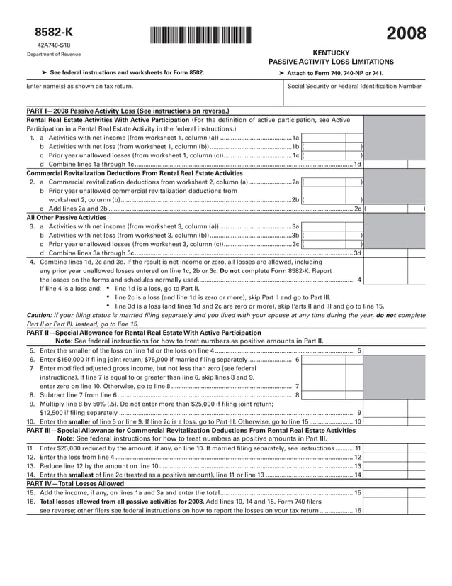 8582K Kentucky Passive Activity Loss Limitations Form 42A740S18 PDF