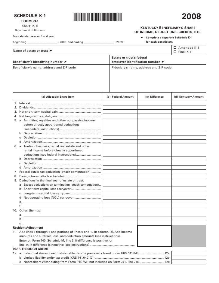 schedule k 1 741 kentucky beneficiarys share of income credits schedule k1