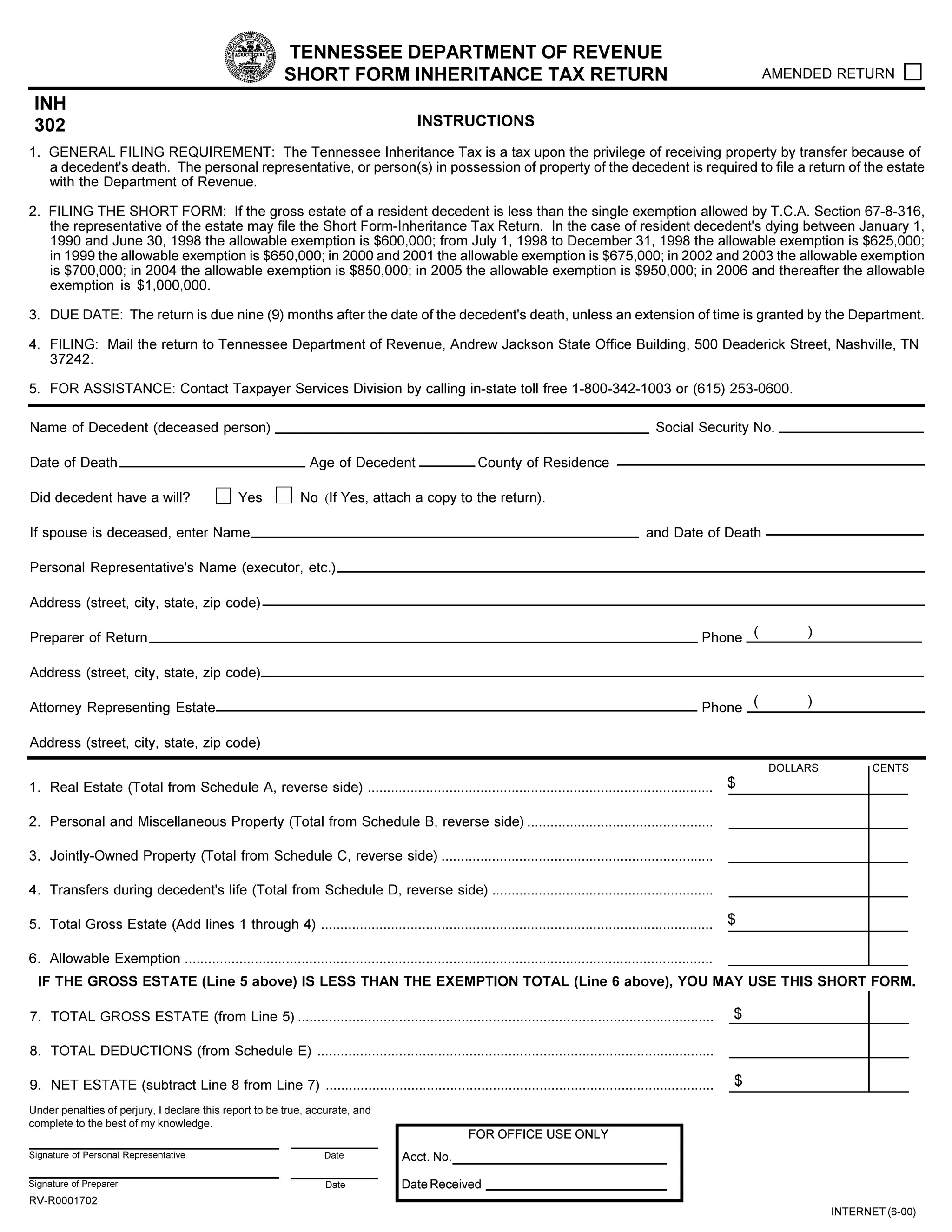 State Inheritance Tax Return (Short Form) | PDF | Personal Taxes ...