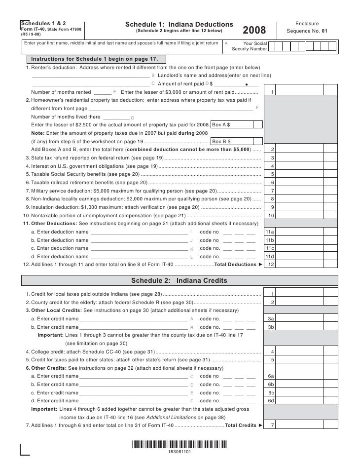 Schedules 1 & 2 for the IT40 Indiana Deductions and Credits