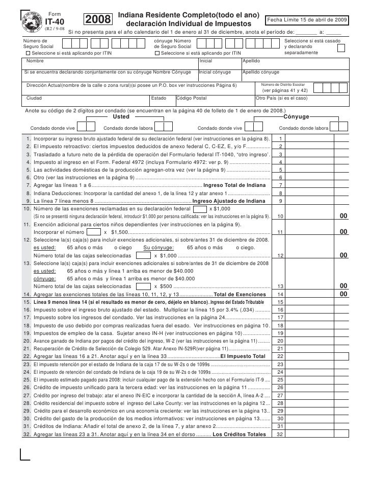 2008 Indiana El formulario IT-40 del residente individual
