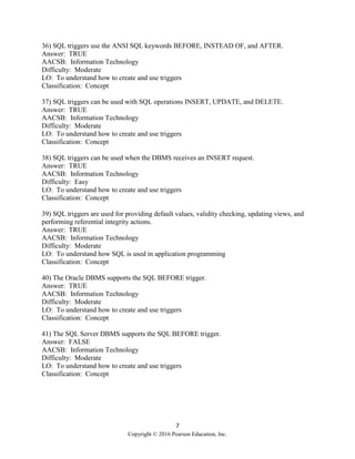7
Copyright © 2016 Pearson Education, Inc.
36) SQL triggers use the ANSI SQL keywords BEFORE, INSTEAD OF, and AFTER.
Answer: TRUE
AACSB: Information Technology
Difficulty: Moderate
LO: To understand how to create and use triggers
Classification: Concept
37) SQL triggers can be used with SQL operations INSERT, UPDATE, and DELETE.
Answer: TRUE
AACSB: Information Technology
Difficulty: Moderate
LO: To understand how to create and use triggers
Classification: Concept
38) SQL triggers can be used when the DBMS receives an INSERT request.
Answer: TRUE
AACSB: Information Technology
Difficulty: Easy
LO: To understand how to create and use triggers
Classification: Concept
39) SQL triggers are used for providing default values, validity checking, updating views, and
performing referential integrity actions.
Answer: TRUE
AACSB: Information Technology
Difficulty: Moderate
LO: To understand how SQL is used in application programming
Classification: Concept
40) The Oracle DBMS supports the SQL BEFORE trigger.
Answer: TRUE
AACSB: Information Technology
Difficulty: Moderate
LO: To understand how to create and use triggers
Classification: Concept
41) The SQL Server DBMS supports the SQL BEFORE trigger.
Answer: FALSE
AACSB: Information Technology
Difficulty: Moderate
LO: To understand how to create and use triggers
Classification: Concept
 