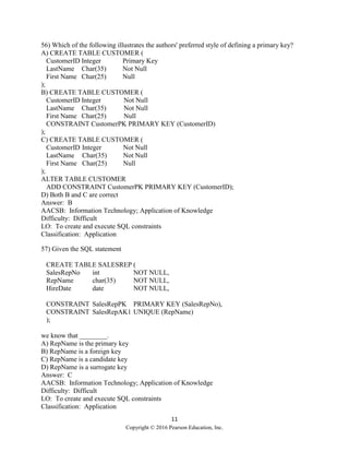 11
Copyright © 2016 Pearson Education, Inc.
56) Which of the following illustrates the authors' preferred style of defining a primary key?
A) CREATE TABLE CUSTOMER (
CustomerID Integer Primary Key
LastName Char(35) Not Null
First Name Char(25) Null
);
B) CREATE TABLE CUSTOMER (
CustomerID Integer Not Null
LastName Char(35) Not Null
First Name Char(25) Null
CONSTRAINT CustomerPK PRIMARY KEY (CustomerID)
);
C) CREATE TABLE CUSTOMER (
CustomerID Integer Not Null
LastName Char(35) Not Null
First Name Char(25) Null
);
ALTER TABLE CUSTOMER
ADD CONSTRAINT CustomerPK PRIMARY KEY (CustomerID);
D) Both B and C are correct
Answer: B
AACSB: Information Technology; Application of Knowledge
Difficulty: Difficult
LO: To create and execute SQL constraints
Classification: Application
57) Given the SQL statement
CREATE TABLE SALESREP (
SalesRepNo int NOT NULL,
RepName char(35) NOT NULL,
HireDate date NOT NULL,
CONSTRAINT SalesRepPK PRIMARY KEY (SalesRepNo),
CONSTRAINT SalesRepAK1 UNIQUE (RepName)
);
we know that ________.
A) RepName is the primary key
B) RepName is a foreign key
C) RepName is a candidate key
D) RepName is a surrogate key
Answer: C
AACSB: Information Technology; Application of Knowledge
Difficulty: Difficult
LO: To create and execute SQL constraints
Classification: Application
 