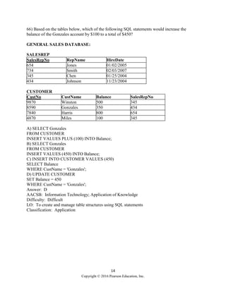 14
Copyright © 2016 Pearson Education, Inc.
66) Based on the tables below, which of the following SQL statements would increase the
balance of the Gonzales account by $100 to a total of $450?
GENERAL SALES DATABASE:
SALESREP
SalesRepNo RepName HireDate
654 Jones 01/02/2005
734 Smith 02/03/2007
345 Chen 01/25/2004
434 Johnson 11/23/2004
CUSTOMER
CustNo CustName Balance SalesRepNo
9870 Winston 500 345
8590 Gonzales 350 434
7840 Harris 800 654
4870 Miles 100 345
A) SELECT Gonzales
FROM CUSTOMER
INSERT VALUES PLUS (100) INTO Balance;
B) SELECT Gonzales
FROM CUSTOMER
INSERT VALUES (450) INTO Balance;
C) INSERT INTO CUSTOMER VALUES (450)
SELECT Balance
WHERE CustName = 'Gonzales';
D) UPDATE CUSTOMER
SET Balance = 450
WHERE CustName = 'Gonzales';
Answer: D
AACSB: Information Technology; Application of Knowledge
Difficulty: Difficult
LO: To create and manage table structures using SQL statements
Classification: Application
 