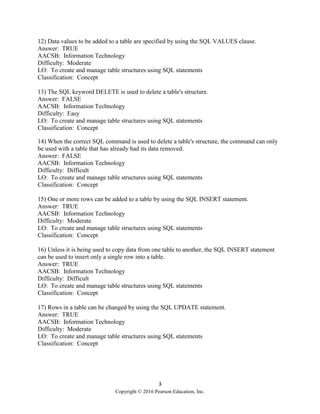 3
Copyright © 2016 Pearson Education, Inc.
12) Data values to be added to a table are specified by using the SQL VALUES clause.
Answer: TRUE
AACSB: Information Technology
Difficulty: Moderate
LO: To create and manage table structures using SQL statements
Classification: Concept
13) The SQL keyword DELETE is used to delete a table's structure.
Answer: FALSE
AACSB: Information Technology
Difficulty: Easy
LO: To create and manage table structures using SQL statements
Classification: Concept
14) When the correct SQL command is used to delete a table's structure, the command can only
be used with a table that has already had its data removed.
Answer: FALSE
AACSB: Information Technology
Difficulty: Difficult
LO: To create and manage table structures using SQL statements
Classification: Concept
15) One or more rows can be added to a table by using the SQL INSERT statement.
Answer: TRUE
AACSB: Information Technology
Difficulty: Moderate
LO: To create and manage table structures using SQL statements
Classification: Concept
16) Unless it is being used to copy data from one table to another, the SQL INSERT statement
can be used to insert only a single row into a table.
Answer: TRUE
AACSB: Information Technology
Difficulty: Difficult
LO: To create and manage table structures using SQL statements
Classification: Concept
17) Rows in a table can be changed by using the SQL UPDATE statement.
Answer: TRUE
AACSB: Information Technology
Difficulty: Moderate
LO: To create and manage table structures using SQL statements
Classification: Concept
 