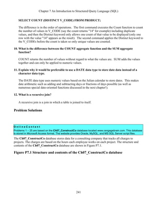 Chapter 7 An Introduction to Structured Query Language (SQL)
241
SELECT COUNT (DISTINCT V_CODE) FROM PRODUCT;
The difference is in the order of operations. The first command executes the Count function to count
the number of values in V_CODE (say the count returns "14" for example) including duplicate
values, and then the Distinct keyword only allows one count of that value to be displayed (only one
row with the value "14" appears as the result). The second command applies the Distinct keyword to
the V_CODEs before the count is taken so only unique values are counted.
10. What is the difference between the COUNT aggregate function and the SUM aggregate
function?
COUNT returns the number of values without regard to what the values are. SUM adds the values
together and can only be applied to numeric values.
11. Explain why it would be preferable to use a DATE data type to store date data instead of a
character data type.
The DATE data type uses numeric values based on the Julian calendar to store dates. This makes
date arithmetic such as adding and subtracting days or fractions of days possible (as well as
numerous special date-oriented functions discussed in the next chapter!).
12. What is a recursive join?
A recursive join is a join in which a table is joined to itself.
Problem Solutions
O n l i n e C o n t e n t
Problems 1 – 25 are based on the Ch07_ConstructCo database located www.cengagebrain.com. This database
is stored in Microsoft Access format. The website provides Oracle, MySQL, and MS SQL Server script files.
The Ch07_ConstructCo database stores data for a consulting company that tracks all charges to
projects. The charges are based on the hours each employee works on each project. The structure and
contents of the Ch07_ConstructCo database are shown in Figure P7.1.
Figure P7.1 Structure and contents of the Ch07_ConstructCo database
 