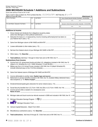 Reset Form
       Michigan Department of Treasury
       3423 (Rev. 12-08), Page 1
                                                                                                                                                                  Click on the (i) for instructions.
       2008 MICHIGAN Schedule 1 Additions and Subtractions
       Issued under authority of Public Act 281 of 1967.

                                                                                                                                            14
                                                                                    0123456789 - NOT like this:
       Type or print in blue or black ink. Print numbers like this :
                                                                                                                                                                                Attachment 1A
       Attach to Form MI-1040.
        Filer’s First Name                                   M.I.    Last Name                                              4 Filer’s Social Security Number (Example: 123-45-6789)
                                                                                                                             (i)

        If a Joint Return, Spouse’s First Name               M.I.    Last Name                                                  Spouse’s Social Security Number (Example: 123-45-6789)
(i)


       Additions to Income
      (i) 1. Gross interest and dividends from obligations issued by states
             (other than Michigan) or their political subdivisions ....................................................................... 41.                                                  00
      (i) 2. Deduction for taxes on, or measured by, income including self-employment tax taken on
             your federal return (see p. 12) ....................................................................................................... 42.                                        00

      (i) 3. Gains from Michigan column of MI-1040D and MI-4797 ............................................................... 43.                                                             00

  (i) 4. Losses attributable to other states (see p. 12) .............................................................................. 44.                                                     00

      (i) 5. Net loss from federal column of your Michigan MI-1040D or MI-4797 .......................................... 45.                                                                   00

      (i) 6. Other (see p. 12). Describe: ____________________________________________________                                                                                                  00
                                                                                                                                                        46.

           7. Total additions. Add lines 1 through 6. Enter here and on MI-1040, line 11 ................................ 47.                                                                   00
       Subtractions from Income
      (i) 8. Income from U.S. government bonds and other U.S. obligations included in MI-1040, line 10.
                (Attach U.S. Schedule B or U.S. 1040A Schedule 1 if over $5,000.) ............................................ 48.                                                              00
      (i) 9. Military pay from U.S. Armed Forces included in MI-1040, line 10 (attach Schedule W).
                (Include retirement pay on line 12 of this schedule.) ..................................................................... 49.                                                 00

      (i) 10. Gains from federal column of Michigan MI-1040D and MI-4797 ................................................... 410.                                                               00

      (i) 11. Income attributable to another state. Explain type and source:_________________________ 411.                                                                                      00
      (i) 12. Retirement or pension benefits included in MI-1040, line 10. (Include military retirement here.)
                See exceptions, p. 13. Name of payer:____________________________________________ 412.                                                                                          00

      (i) 13. Dividend/interest/capital gains deduction for senior citizens (see p. 14) ....................................... 413.                                                            00

      (i) 14. Social Security benefits from U.S. Form 1040, line 20b or U.S. Form 1040A, line 14b ................ 414.                                                                         00
      (i) 15. Income earned while a resident of a renaissance zone.
                Name of zone: ______________________________________________________________ 415.                                                                                               00

      (i) 16. Michigan state and local income tax refunds received in 2008 and included in MI-1040, line 10 416.                                                                                00

      (i) 17. Michigan Education Savings Program                                    ...................................................................... 417.                                 00

                               Michigan Education Trust ............................................................................................ 418.                                       00
      (i) 18.

         19. Venture Capital Deduction. Attach Form 4534 ............................................................................. 419.                                                     00

      (i) 20. Miscellaneous subtractions (see p. 14) Describe: ___________________________________ 420.                                                                                         00

         21. Total subtractions. Add lines 8 through 20. Enter here and on MI-1040, line 13 ...................... 421.                                                                         00



       + 0000           2008 09 01 27 6                                                                                                                            Continue to Schedule 2.
 