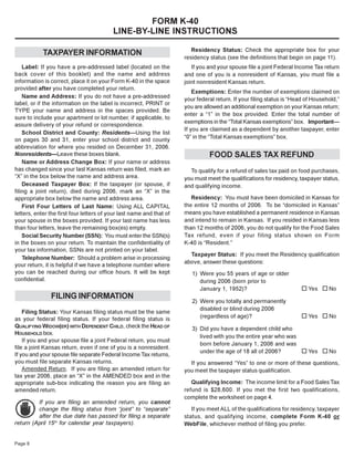 FORM K-40

                                          LINE-BY-LINE INSTRUCTIONS


                                                                         Residency Status: Check the appropriate box for your
            TAXPAYER INFORMATION
                                                                      residency status (see the definitions that begin on page 11).
    Label: If you have a pre-addressed label (located on the             If you and your spouse file a joint Federal Income Tax return
back cover of this booklet) and the name and address                  and one of you is a nonresident of Kansas, you must file a
information is correct, place it on your Form K-40 in the space       joint nonresident Kansas return.
provided after you have completed your return.
                                                                          Exemptions: Enter the number of exemptions claimed on
    Name and Address: If you do not have a pre-addressed
                                                                      your federal return. If your filing status is “Head of Household,”
label, or if the information on the label is incorrect, PRINT or
                                                                      you are allowed an additional exemption on your Kansas return;
TYPE your name and address in the spaces provided. Be
                                                                      enter a “1” in the box provided. Enter the total number of
sure to include your apartment or lot number, if applicable, to
                                                                      exemptions in the “Total Kansas exemptions” box. Important—
assure delivery of your refund or correspondence.
                                                                      If you are claimed as a dependent by another taxpayer, enter
    School District and County: Residents—Using the list
                                                                      “0” in the “Total Kansas exemptions” box.
on pages 30 and 31, enter your school district and county
abbreviation for where you resided on December 31, 2006.
                                                                                FOOD SALES TAX REFUND
Nonresidents—Leave these boxes blank.
    Name or Address Change Box: If your name or address
has changed since your last Kansas return was filed, mark an            To qualify for a refund of sales tax paid on food purchases,
“X” in the box below the name and address area.                       you must meet the qualifications for residency, taxpayer status,
    Deceased Taxpayer Box: If the taxpayer (or spouse, if             and qualifying income.
filing a joint return), died during 2006, mark an “X” in the
                                                                         Residency: You must have been domiciled in Kansas for
appropriate box below the name and address area.
                                                                      the entire 12 months of 2006. To be “domiciled in Kansas”
    First Four Letters of Last Name: Using ALL CAPITAL
                                                                      means you have established a permanent residence in Kansas
letters, enter the first four letters of your last name and that of
                                                                      and intend to remain in Kansas. If you resided in Kansas less
your spouse in the boxes provided. If your last name has less
than four letters, leave the remaining box(es) empty.                 than 12 months of 2006, you do not qualify for the Food Sales
                                                                      Tax refund, even if your filing status shown on Form
    Social Security Number (SSN): You must enter the SSN(s)
in the boxes on your return. To maintain the confidentiality of       K-40 is “Resident.”
your tax information, SSNs are not printed on your label.
                                                                        Taxpayer Status: If you meet the Residency qualification
    Telephone Number: Should a problem arise in processing
                                                                      above, answer these questions:
your return, it is helpful if we have a telephone number where
you can be reached during our office hours. It will be kept              1) Were you 55 years of age or older
confidential.                                                               during 2006 (born prior to
                                                                                                                       ¨ Yes ¨ No
                                                                            January 1, 1952)?
               FILING INFORMATION
                                                                         2) Were you totally and permanently
                                                                            disabled or blind during 2006
    Filing Status: Your Kansas filing status must be the same
                                                                                                                       ¨ Yes ¨ No
                                                                            (regardless of age)?
as your federal filing status. If your federal filing status is
QUALIFYING WIDOW(ER) WITH DEPENDENT CHILD, check the HEAD OF             3) Did you have a dependent child who
HOUSEHOLD box.
                                                                            lived with you the entire year who was
    If you and your spouse file a joint Federal return, you must
                                                                            born before January 1, 2006 and was
file a joint Kansas return, even if one of you is a nonresident.
                                                                                                                   ¨ Yes ¨ No
                                                                            under the age of 18 all of 2006?
If you and your spouse file separate Federal Income Tax returns,
you must file separate Kansas returns.                                  If you answered “Yes” to one or more of these questions,
    Amended Return. If you are filing an amended return for           you meet the taxpayer status qualification.
tax year 2006, place an “X” in the AMENDED box and in the
                                                                         Qualifying Income: The income limit for a Food Sales Tax
appropriate sub-box indicating the reason you are filing an
                                                                      refund is $28,600. If you met the first two qualifications,
amended return.
                                                                      complete the worksheet on page 4.
         If you are filing an amended return, you cannot
                                                                         If you meet ALL of the qualifications for residency, taxpayer
         change the filing status from “joint” to “separate”
         after the due date has passed for filing a separate          status, and qualifying income, complete Form K-40 or
return (April 15th for calendar year taxpayers).                      WebFile, whichever method of filing you prefer.


Page 8
 