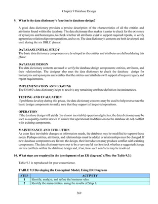 Chapter 9 Database Design
369
9. What is the data dictionary's function in database design?
A good data dictionary provides a precise description of the characteristics of all the entities and
attributes found within the database. The data dictionary thus makes it easier to check for the existence
of synonyms and homonyms, to check whether all attributes exist to support required reports, to verify
appropriate relationship representations, and so on. The data dictionary's contents are both developed and
used during the six DBLC phases:
DATABASE INITIAL STUDY
The basic data dictionary components are developed as the entities and attributes are defined during this
phase.
DATABASE DESIGN
The data dictionary contents are used to verify the database design components: entities, attributes, and
their relationships. The designer also uses the data dictionary to check the database design for
homonyms and synonyms and verifies that the entities and attributes will support all required query and
report requirements.
IMPLEMENTATION AND LOADING
The DBMS's data dictionary helps to resolve any remaining attribute definition inconsistencies.
TESTING AND EVALUATION
If problems develop during this phase, the data dictionary contents may be used to help restructure the
basic design components to make sure that they support all required operations.
OPERATION
If the database design still yields (the almost inevitable) operational glitches, the data dictionary may be
used as a quality control device to ensure that operational modifications to the database do not conflict
with existing components.
MAINTENANCE AND EVOLUTION
As users face inevitable changes in information needs, the database may be modified to support those
needs. Perhaps entities, attributes, and relationships must be added, or relationships must be changed. If
new database components are fit into the design, their introduction may produce conflict with existing
components. The data dictionary turns out to be a very useful tool to check whether a suggested change
invites conflicts within the database design and, if so, how such conflicts may be resolved.
10. What steps are required in the development of an ER diagram? (Hint: See Table 9.3.)
Table 9.3 is reproduced for your convenience.
TABLE 9.3 Developing the Conceptual Model, Using ER Diagrams
STEP ACTIVITY
1 Identify, analyze, and refine the business rules.
2 Identify the main entities, using the results of Step 1.
 