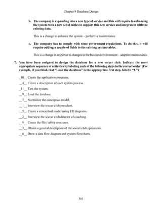 Chapter 9 Database Design
381
b. The company is expanding into a new type of service and this will require to enhancing
the system with a new set of tables to support this new service and integrate it with the
existing data.
This is a change to enhance the system – perfective maintenance.
c. The company has to comply with some government regulations. To do this, it will
require adding a couple of fields to the existing system tables.
This is a change in response to changes in the business environment – adaptive maintenance.
7. You have been assigned to design the database for a new soccer club. Indicate the most
appropriate sequence of activities by labeling each of the following steps in the correct order. (For
example, if you think that “Load the database” is the appropriate first step, label it “1.”)
_10__ Create the application programs.
__4__ Create a description of each system process.
_11__ Test the system.
__9__ Load the database.
__7__ Normalize the conceptual model.
__1__ Interview the soccer club president.
__5__ Create a conceptual model using ER diagrams.
__2__ Interview the soccer club director of coaching.
__8__ Create the file (table) structures.
__3__ Obtain a general description of the soccer club operations.
__6__ Draw a data flow diagram and system flowcharts.
 