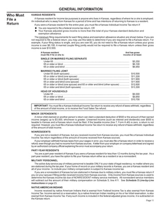GENERAL INFORMATION
Who Must   KANSAS RESIDENTS
             A Kansas resident for income tax purposes is anyone who lives in Kansas, regardless of where he or she is employed.
File a     An individual who is away from Kansas for a period of time and has intentions of returning to Kansas is a resident.
Return        If you were a Kansas resident for the entire year, you must file a Kansas Individual Income Tax return if:
               n You are required to file a federal income tax return, OR
               n Your Kansas adjusted gross income is more than the total of your Kansas standard deduction and
                   exemption allowance.
              The minimum filing requirements for each filing status and exemption allowance situation are shown below. If you are
           not required to file a federal return, you may use this table to determine if you are required to file a Kansas return. For
           example, if your filing status is single, and you are over 65, you do not need to file a Kansas return unless your gross
           income is over $6,100. A married couple filing jointly would not be required to file a Kansas return unless their gross
           income is over $10,500.
                    A Kansas resident                                                                                                       And has gross
                    must file if he or she is:                                                                                            income of at least:
                    SINGLE OR MARRIED FILING SEPARATE
                      Under 65 ....................................................................................................................   $5,250
                      65 or older or blind .....................................................................................................      $6,100
                      65 or older and blind ..................................................................................................        $6,950
                    MARRIED FILING JOINT
                      Under 65 (both spouses) ...........................................................................................             $10,500
                      65 or older or blind (one spouse) ...............................................................................               $11,200
                      65 or older or blind (both spouses) ............................................................................                $11,900
                      65 or older and blind (one spouse) ............................................................................                 $11,900
                      65 or older or blind (one spouse) and 65 or older and blind (other spouse) ...............                                      $12,600
                      65 or older and blind (both spouses) .........................................................................                  $13,300
                    HEAD OF HOUSEHOLD
                      Under 65 .................................................................................................................... $9,000
                      65 or older or blind ..................................................................................................... $9,850
                      65 or older and blind .................................................................................................. $10,700

             IMPORTANT: You must file a Kansas Individual Income Tax return to receive any refund of taxes withheld, regardless
             of the amount of total income, or to receive the Food Sales Tax refund.

           MINOR DEPENDENTS
               A minor child claimed on another person’s return can claim a standard deduction of $500 or the amount of their earned
           income (wages) up to $3,000, whichever is greater. Unearned income (such as interest and dividends) over $500 is
           taxable to Kansas and a Kansas return must be filed. If the taxable income (line 7, Form K-40) is zero, a return is not
           required. However, you must file a Kansas Individual Income Tax return to receive any refund of taxes withheld, regardless
           of the amount of total income.
           NONRESIDENTS
              If you are not a resident of Kansas, but you received income from Kansas sources, you must file a Kansas Individual
           Income Tax return regardless of the amount of income received from Kansas sources.
              If your employer withheld Kansas taxes from your wages in error, you must also file a Kansas return in order to receive a
           refund, even though you had no income from Kansas sources. A letter from your employer on company letterhead and signed
           by an authorized company official explaining the error must accompany your return.
           PART-YEAR RESIDENTS
              You are a part-year resident of Kansas if you were a Kansas resident for less than 12 months during the tax year. As a
           part-year resident, you have the option to file your Kansas return either as a resident or as a nonresident.
           MILITARY PERSONNEL
               The active duty service pay of military personnel is taxable ONLY to your state of legal residency, no matter where you
           are stationed during the tax year. If your home of record on your military records is Kansas, you are a Kansas resident and
           all of your income - to include your military compensation is subject to Kansas income tax.
               If you are a nonresident of Kansas but are stationed in Kansas due to military orders, you must file a Kansas return if
           you (or your spouse if filing jointly) received income from Kansas sources. Only income from Kansas sources is used to
           determine the Kansas income tax due of NONRESIDENT military service members. All nonresident service members
           will subtract out the amount of their military compensation on Schedule S, line A11. See Schedule S Line-by-Line
           Instructions on page 23.
           NATIVE AMERICAN INDIANS
              Income received by native American Indians that is exempt from Federal Income Tax is also exempt from Kansas
           Income Tax. Income earned on a reservation, by a native American Indian residing on his or her tribal reservation, is also
           exempt from Kansas Income Tax. If any such income is included in the federal adjusted gross income, it is subtracted on
           the Kansas return.
                                                                                                                                                                Page 11
 