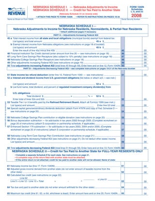 SAVE
                                                                                                                                                                                PRINT
                                                                                                                                                       RESET
                                                                                NebRAskA schedule I  — Nebraska Adjustments to Income                                                                                        FORM 1040N
                                                                                                                                                                                                                               Schedules
                                                                                NebRAskA schedule II  — Credit for Tax Paid to Another State                                                                                  I, II, and III
                                                                                                          (Nebraska Schedule III on reverse side)
                                                                                                                                                                                                                               2008
                                                                                     • ATTACH THIS PAGE TO FORM 1040N       • REFER TO INSTRuCTIONS ON PAGES 18-34
                                          Name as Shown on Form 1040N                                                                                                                                               Social Security Number


                                                                                  NebRAskA schedule I —
                                                  Nebraska Adjustments to Income for Nebraska Residents, Nonresidents, & Partial-Year Residents
                                                                                                                        • Attach additional pages if necessary
                                                                                                              PART A — Adjustments Increasing Federal AGI
                                         45 a  Total interest income from all state and local obligations (municipal bonds) exempt from federal tax:
                                                                                                                                                           45 a  $
                                               List type(s) and total amount:
                                            b Exempt interest income from Nebraska obligations (see instructions on page 18 of booklet):
                                                                                                                                                           45 b $
                                               List type(s) and amount:
                                                                                                                                                                                                                    45
                                               Enter the result of line 45a minus line 45b .....................................................................................................                                             00
                                         46 Financial Institution Tax Credit claimed (enter amount from line 26 — see instructions on page 18) .................                                                    46                       00
                                         47 Long-Term Care Savings Plan Recapture (also subject to 10% penalty) (see instructions on page 18) ............                                                          47                       00
                                         48 Nebraska College Savings Plan Recapture (see instructions on page 18) .........................................................                                         48                       00
                                         49 Other adjustments increasing Federal AGI (see instructions on page 19) .........................................................                                        49                       00
                                         50 Total adjustments increasing Federal AGI (total lines 45 through 49). Enter here and on line 12, Form 1040N                                                             50                       00
                                                                 PART B — Adjustments Decreasing Federal AGI — see complete instructions on pages 19-21 of the Nebraska booklet


                                          51 State income tax refund deduction (enter line 10, Federal Form 1040 — see instructions) .......................... 51                                                                           00
                                          52 a  Interest and dividend income from u.S. government obligations (list below or attach sch. — see instr.)

                                                                                                                               52 a $
                                                List type(s) and amount:
                                              b List fund name, total dividend, and percent of regulated investment company dividend(s) from 
8-418-2008




                                               u.S. obligations:
                                                                                                                                                                      52 b  $
                                                              Total dividend: $                                              x                           %=
                                               Enter total of lines 52a and 52b ...................................................................................................................... 52                                    00
                                          53 Taxable Tier I or II benefits paid by the Railroad Retirement Board. Attach all Form(s) 1099 (see instr.):
printed with soy ink on recycled paper




                                                                                                                                                                        Enter line 53 total: .......   53
                                             List type(s) and amount:                                                                                                                                                                        00
                                          54 Special capital gains/extraordinary dividends deduction (attach Form 4797N and copy of Fed. Schedule D —
                                             see instructions on page 20) ................................................................................................................................... 54                             00

                                          55 Nebraska College Savings Plan contribution or eligible donation (see instructions on page 20) ....................... 55                                                                        00
                                          56 Bonus depreciation subtraction — for add-backs in tax years 2000 through 2005. (Complete worksheet on
                                             page 20 of instructions) (attach S corporation or partnership schedule, if applicable) ........................................ 56                                                              00
                                          57 Enhanced Section 179 subtraction — for add-backs in tax years 2003, 2004 and/or 2005. (Complete
                                             worksheet on page 20 of instructions) (attach S corporation or partnership schedule, if applicable) ................. 57                                                                        00

                                         58 Nebraska Long-Term Care Savings Plan Contribution (see instructions on page 21) ........................................ 58                                                                      00
                                         59 Other adjustments decreasing Federal AGI (see instructions on page 21). Do not deduct other states’ income.
                                                                                                                                                                     59
                                            List type(s) and amount:                                                                                                                                                                         00

                                         60 Total adjustments decreasing Federal AGI (total lines 51 through 59). Enter here and on line 13, Form 1040N 60                                                                                   00
                                                NebRAskA schedule II — Credit for Tax Paid to Another State for Full-YEAR RESIDENTS ONlY
                                                     • Complete a separate Schedule II for each state. See instructions on page 21.
                                                     • A complete copy of the return filed with another state must be attached.
                                                     • If the entire return is not attached, credit for tax paid to another state will not be allowed. Name of state:


                                          61 Nebraska income tax (line 17, Form 1040N) ....................................................................................................... 61                                            00
                                          62 Adjusted gross income derived from another state (do not enter amount of taxable income from the
                                              other state) .......................................................................................................................................................... 62                     00
                                          63  Calculated tax credit (see instructions on page 22)
                                                        Line 62
                                                                                                                                                                                  x Line 61
                                                                                                                                                       =                                                              63
                                              Line 5 + Line 12 - Line 13 = Total                             +                     -                                                                                                         00

                                          64 Tax due and paid to another state (do not enter amount withheld for the other state) ........................................ 64                                                                00

                                          65 Maximum tax credit (line 61, 63, or 64, whichever is least). Enter amount here and on line 20, Form 1040N .... 65                                                                               00
 