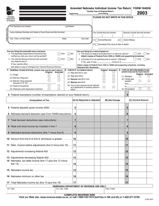 Amended Nebraska Individual Income Tax Return FORM 1040XN
                                                                                                                     Taxable Year of Original Return
                               ne
                                                                                                                                                                                         2003
                              dep                                                                  beginning _____________, ______and ending _______________ , ______
                              of
       nebraska                                                                                                                  PLEASE DO NOT WRITE IN THIS SPACE
      department
      of revenue


                          First Name(s) and Initial(s)                                      Last Name
Please Type or Print




                          Home Address (Number and Street or Rural Route and Box Number)                                         Your Social Security Number          Spouse’s Social Security Number


                          City, Town, or Post Office                                     State                   Zip Code
                                                                                                                                 (1)   Farmer/Rancher          (2)     Active Military

                                                                                                                                 (3)   Deceased (first name & date of death)


                  Are you filing this amended return because:                                                Are you filing for a refund based on:
                   a. The Nebraska Department of Revenue has                         YES            NO        a. The filing of a federal amended return or claim for refund?  YES                NO
                      notified you that your return will be audited?                                             Attach copies of Federal Form 1045 or 1040X and supporting schedules.
                        b. The Internal Revenue Service has corrected                YES            NO        b. Carryback of a net operating loss or section 1256 loss?                 YES     NO
                           your federal return?                                                                  If Yes, year of loss:                 Amount: $
                           If Yes, identify office:                                                          Attach copies of Federal Form 1045 or 1040X and supporting schedules, including
                           and attach a copy of changes from Internal Revenue Service.                       Nebraska NOL Worksheet
                                                                                            2                                                                   3
                1                                                                                CHECK IF: (on federal return)            Original Amended           TYPE OF RETURN BEING FILED
                          FEDERAL FILING STATUS: (check only one for each return):
                                                                                                                                                                     (check only one for each return):
                                                             Original Amended                    (1) You were 65 or over
                                                                                                                                                                                       Original Amended
                          (1) Single
                                                                                                 (2) You were blind                                                  (1) Resident
                          (2) Married, filing joint
                                                                                                 (3) Spouse was 65 or over                                           (2) Partial-year
                          (3) Married, filing separate                                                                                                                   resident
                                                                                                 (4) Spouse was blind
                              Spouse’s S.S. No.:                                                                                                                         from           /         /
                                                                                                 (5) You or your spouse can be claimed
                          (4) Head of household                                                                                                                          to           /          /
                                                                                                     as a dependent on another person’s
                                                                                                                                                                     (3) Nonresident
                          (5) Widow(er) with dependent child(ren)                                    return

                       4 Federal exemptions (number of exemptions claimed on your federal return) . . . . . . . . . . . . . . . . . . . . . . . . . . . 4

                                                                                                       (A) As Reported or Adjusted                                             (C) Correct Amount
                                                                                                                                               (B) Net Change
                                                      Computation of Tax


                       5 Federal adjusted gross income (AGI) . . . . . . . . . . . . . . . .             5                                                                 5

                       6 Nebraska standard deduction (see Form 1040N instructions)                       6                                                                 6

                       7 Total itemized deductions (see instructions) . . . . . . . . . . .              7                                                                 7

                       8 State and local income tax included in line 7 . . . . . . . . . .               8                                                                 8

                       9 Nebraska itemized deductions (line 7 minus line 8) . . . . .                    9                                                                 9

           10 Amount from line 6 or line 9, whichever is greater . . . . . . 10                                                                                          10

           11 Nebr. income before adjustments (line 5 minus line 10) . . 11                                                                                              11

           12 Adjustments increasing federal AGI . . . . . . . . . . . . . . . . . 12                                                                                    12

           13 Adjustments decreasing federal AGI . . . . . . . . . . . . . . . . . 13                                                                                    13
           14 Nebraska tax table income (line 11 plus line 12 minus
              line 13) . . . . . . . . . . . . . . . . . . . . . . . . . . . . . . . . . . . . . . . 14                                                                  14

           15 Nebraska income tax . . . . . . . . . . . . . . . . . . . . . . . . . . . . . 15                                                                           15

           16 Nebraska minimum or other tax . . . . . . . . . . . . . . . . . . . . 16                                                                                   16

           17 Total Nebraska income tax (line 15 plus line 16) . . . . . . . 17                                                                                          17
                                                                            NEBRASKA DEPARTMENT OF REVENUE USE ONLY:
                       Int. Type                                                Int. Calc. Date                                                Para. Code


                                                                             COMPLETE REVERSE SIDE
                                      Visit our Web site: www.revenue.state.ne.us, or call 1-800-742-7474 (toll free in NE and IA) or 1-402-471-5729.
                                                                                                                                                                                               8-592-2003
 