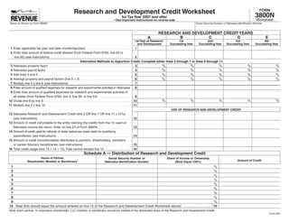 Research and Development Credit Worksheet                                                                                                                                             FORM
                                                                                                                                                                                                                                                                                   3800N
                                                                                                                                                                        for Tax Year 2007 and after
                                                                                                                                                                                                                                                                                   Worksheet
                                                                                                                                                            • See important instructions on reverse side
 Name as Shown on Form 3800N                                                                                                                                                                                                     Social Security Number or Nebraska Identification Number


                                                                                                                                                                                                       RESEARCH AND DEVELOPMENT CREDIT YEARS
                                                                                                                                                                                                A              B          C           D                                                     E
                                                                                                                                                                                       1st Year of Research         1st                 2nd                    3rd                      4th
                                                                                                                                                                                        and Development        Succeeding Year     Succeeding Year        Succeeding Year          Succeeding Year
 1 Enter applicable tax year end date (month/day/year)  .  .  .  .  .  .  .  .  .  .  .  .  .  .  .  .  .  .  .  .  .  .  .  .  .  .                                                1
 2 Enter total amount of federal credit allowed (from Federal Form 6765, line 63 or
                                                                                                                                                                                    2
    line 65) (see instructions)  .  .  .  .  .  .  .  .  .  .  .  .  .  .  .  .  .  .  .  .  .  .  .  .  .  .  .  .  .  .  .  .  .  .  .  .  .  .  .  .  .  .  .  .  .  .
                                                                                             Alternative Methods to Apportion Credit. Complete either lines 3 through 7 or lines 8 through 11.
                                                                                                                                                                                      % %  %                                                                                %                         %
 3 Nebraska property factor  .  .  .  .  .  .  .  .  .  .  .  .  .  .  .  .  .  .  .  .  .  .  .  .  .  .  .  .  .  .  .  .  .  .  .  .  .  .  .  .  .  .  .  .  .  .  .            3
                                                                                                                                                                                      % %  %                                                                                %                         %
 4 Nebraska payroll factor  .  .  .  .  .  .  .  .  .  .  .  .  .  .  .  .  .  .  .  .  .  .  .  .  .  .  .  .  .  .  .  .  .  .  .  .  .  .  .  .  .  .  .  .  .  .  .  .          4
                                                                                                                                                                                      % %  %                                                                                %                         %
 5 Add lines 3 and 4  .  .  .  .  .  .  .  .  .  .  .  .  .  .  .  .  .  .  .  .  .  .  .  .  .  .  .  .  .  .  .  .  .  .  .  .  .  .  .  .  .  .  .  .  .  .  .  .  .  .  .  .  . 5
                                                                                                                                                                                      % %  %                                                                                %                         %
 6 Average property and payroll factors (line 5 ÷ 2)  .  .  .  .  .  .  .  .  .  .  .  .  .  .  .  .  .  .  .  .  .  .  .  .  .  .  .  .  .                                         6
 7 Multiply line 2 x line 6 (see instructions)  .  .  .  .  .  .  .  .  .  .  .  .  .  .  .  .  .  .  .  .  .  .  .  .  .  .  .  .  .  .  .  .  .  .  .                             7
 8 Enter amount of qualified expenses for research and experimental activities in Nebraska                                                                                          8
 9 Enter total amount of qualified expenses for research and experimental activities in
                                                                                                                                                                                    9
   all states (from Federal Form 6765, line 9, line 28, or line 53)  .  .  .  .  .  .  .  .  .  .  .  .  .  .  .  .  .  .  .
                                                                                                                                                                                      % %  %                                                                                %                         %
10 Divide line 8 by line 9  .  .  .  .  .  .  .  .  .  .  .  .  .  .  .  .  .  .  .  .  .  .  .  .  .  .  .  .  .  .  .  .  .  .  .  .  .  .  .  .  .  .  .  .  .  .  .  .  .  . 10
11 Multiply line 2 x line 10  .  .  .  .  .  .  .  .  .  .  .  .  .  .  .  .  .  .  .  .  .  .  .  .  .  .  .  .  .  .  .  .  .  .  .  .  .  .  .  .  .  .  .  .  .  .  .  .  . 11
                                                                                                                                                                                                                USE OF RESEARCH AND DEVELOPMENT CREDIT
12 Nebraska Research and Development Credit (line 2 OR line 7 OR line 11 x 15%)
                                                                                                                                                                                       12
   (see instructions)  .  .  .  .  .  .  .  .  .  .  .  .  .  .  .  .  .  .  .  .  .  .  .  .  .  .  .  .  .  .  .  .  .  .  .  .  .  .  .  .  .  .  .  .  .  .  .  .  .  .  .  .  .
13 Amount of credit (refundable to the entity claiming the credit) from line 12 used on
                                                                                                                                                                                       13
   Nebraska income tax return . Enter on line 23 of Form 3800N  .  .  .  .  .  .  .  .  .  .  .  .  .  .  .  .  .  .  .
14 Amount of credit used for refunds of state sales/use taxes paid on qualifying
                                                                                                                                                                                       14
   expenditures (see instructions)  .  .  .  .  .  .  .  .  .  .  .  .  .  .  .  .  .  .  .  .  .  .  .  .  .  .  .  .  .  .  .  .  .  .  .  .  .  .  .  .  .  .
15 Amount of credit (nonrefundable) distributed to partners, shareholders, members,
                                                                                                                                                                                       15
   or certain fiduciary beneficiaries (see instructions)  .  .  .  .  .  .  .  .  .  .  .  .  .  .  .  .  .  .  .  .  .  .  .  .  .  .  .
16 Total credit usage (line 13 + 14 + 15) . Total cannot exceed line 12  .  .  .  .  .  .  .  .  .  .  .  .  .  .  .                                                                   16
                                                                                                               Schedule A — Distribution of Research and Development Credit
                                    Name of Partner,                                                                                            Social Security Number or                                     Share of Income or Ownership
                                                                                                                                                                                                                                                                    Amount of Credit
                           Shareholder, Member or Beneficiary*                                                                                Nebraska Identification Number                                       (Must Equal 100%)
                                                                                                                                                                                                                                                %
 1
                                                                                                                                                                                                                                                %
 2
                                                                                                                                                                                                                                                %
 3
                                                                                                                                                                                                                                                %
 4
                                                                                                                                                                                                                                                %
 5
                                                                                                                                                                                                                                                %
 6
                                                                                                                                                                                                                                                %
 7
                                                                                                                                                                                                                                                %
 8
                                                                                                                                                                                                                                                %
 9
10 Total (this should equal the amount entered on line 15 of the Research and Development Credit Worksheet above)  . . . . . . . . . . . . . . . . . . . . . . . . . . . . . . .                                                               10
Note: Each partner, S corporation shareholder, LLC member, or beneficiary should be notified of the distributed share of the Research and Development Credit .
                                                                                                                                                                                                                                                                                                8-653-2009
 