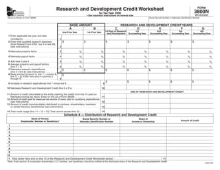 SAVE
                                                                                                                                                                        RESET             PRINT
                                                                 Research and Development Credit Worksheet                                                                                                                   FORM
                                                                                                                                                                                                                            3800N
       nebraska
                                                                                                                          for Tax Year 2006
      department
                                                                                                                                                                                                                            Worksheet
                                                                                                          • See important instructions on reverse side
      of revenue
Name as Shown on Form 3800N                                                                                                                                              Social Security Number or Nebraska Identiﬁcation Number


                                                                                   BASE AMOUNT                                                   RESEARCH AND DEVELOPMENT CREDIT YEARS
                                                                                   A           B                                            C            D          E           F                                                  G
                                                                                                                                     1st Year of Research  1st                 2nd                    3rd                     4th
                                                                          2nd Prior Year                   1st Prior Year
                                                                                                                                      and Development Succeeding Year     Succeeding Year        Succeeding Year         Succeeding Year
 1 Enter applicable tax year end date
                                                                      1
   (mo/day/yr) . . . . . . . . . . . . . . . . . . . . . . . . . .
                                                                          $                           $                              $                $                  $                      $                       $
 2 Enter total qualiﬁed research expenses
   (from Federal Form 6765, line 9 or line 28)
                                                                      2
   (see instructions) . . . . . . . . . . . . . . . . . . . . .
 3 Nebraska property factor . . . . . . . . . . . . . . .             3                         %                            %                    %                 %                      %                       %                        %
 4 Nebraska payroll factor . . . . . . . . . . . . . . . .            4                         %                            %                    %                 %                      %                       %                        %
 5 Add lines 3 and 4 . . . . . . . . . . . . . . . . . . . . .        5                         %                            %                    %                 %                      %                       %                        %
 6 Average property and payroll factors
                                                                                                %                            %                    %                 %                      %                       %                        %
                                                                      6
   (line 5 ÷ 2) . . . . . . . . . . . . . . . . . . . . . . . . . .
 7 Nebraska research expenditures                                         $                           $                              $                $                 $                       $                       $
                                                                      7
   (line 2 x line 6) (see instructions) . . . . . . . . .
 8 Base amount [(column A, line 7 + column B,                             $
   line 7) ÷ 2]. Enter here and in columns C
                                                                      8
   through G . . . . . . . . . . . . . . . . . . . . . . . . . . .
                                                                                                                                     $                $                 $                       $                       $
 9 Increase in research expenditures line 7 minus line 8 . . . . . . . . . . . . . . . . . . . . . . . . .                      9
10 Nebraska Research and Development Credit (line 9 x 3%) . . . . . . . . . . . . . . . . . . . . .                           10
                                                                                                                                                          USE OF RESEARCH AND DEVELOPMENT CREDIT
11 Amount of credit (refundable to the entity claiming the credit) from line 10 used on
   Nebraska income tax return. Enter on line 22 of Form 3800N . . . . . . . . . . . . . . . . . . . 11
12 Amount of credit used for sales/use tax refunds of taxes paid on qualifying expenditures
   (see instructions) . . . . . . . . . . . . . . . . . . . . . . . . . . . . . . . . . . . . . . . . . . . . . . . . . . . . . 12
13 Amount of credit (nonrefundable) distributed to partners, shareholders, members,
   or certain ﬁduciary beneﬁciaries (see instructions) . . . . . . . . . . . . . . . . . . . . . . . . . . . 13
14 Total credit usage (line 11 + 12 + 13). Total cannot exceed line 10 . . . . . . . . . . . . . . .                          14
                                                                              Schedule A — Distribution of Research and Development Credit
                           Name of Partner,                                                        Social Security Number or                                   Share of
                                                                                                                                                                                                           Amount of Credit
                  Shareholder, Member or Beneﬁciary*                                             Nebraska Identiﬁcation Number                            Income or Ownership
 1
 2
 3
 4
 5
 6
 7
 8
 9
10
11 Total (enter here and on line 13 of the Research and Development Credit Worksheet above) . . . . . . . . . . . . . . . . . . . . . . . . . . . . . . . . . . 11
*Note: Each partner, S corporation shareholder, LLC member, and beneﬁciary should be notiﬁed of the distributed share of the Research and Development credit.
                                                                                                                                                                                                                                       8-625-2007
 