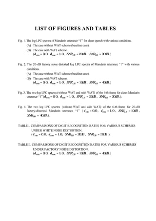 LIST OF FIGURES AND TABLES
Fig. 1. The log LPC spectra of Mandarin utterance “1” for clean speech with various conditions.
(A) The case without WAT scheme (baseline case).
(B) The case with WAT scheme.
(δmin .= 0 0 , δmax .= 1 0 , SNR dBLB = 20 , SNR dBUB = 30 .)
Fig. 2. The 20-dB factory noise distorted log LPC spectra of Mandarin utterance “1” with various
conditions.
(A) The case without WAT scheme (baseline case).
(B) The case with WAT scheme.
(δmin .= 0 0 , δmax .= 1 0 , SNR dBLB = 10 , SNR dBUB = 40 .)
Fig. 3. The two log LPC spectra (without WAT and with WAT) of the 6-th frame for clean Mandarin
utterance “1”(δmin .= 0 0 , δmax .= 1 0 , SNR dBLB = 20 , SNR dBUB = 30 .).
Fig. 4. The two log LPC spectra (without WAT and with WAT) of the 6-th frame for 20-dB
factory-distorted Mandarin utterance “1” ( δmin .= 0 0 , δmax .= 1 0 , SNR dBLB = 10 ,
SNR dBUB = 40 .).
TABLE I. COMPARISONS OF DIGIT RECOGNITION RATES FOR VARIOUS SCHEMES
UNDER WHITE NOISE DISTORTION.
(δmin .= 0 0 , δmax .= 1 0 , SNR dBLB = 20 , SNR dBUB = 30 .)
TABLE II. COMPARISONS OF DIGIT RECOGNITION RATES FOR VARIOUS SCHEMES
UNDER FACTORY NOISE DISTORTION.
(δmin .= 0 0 , δmax .= 1 0 , SNR dBLB = 10 , SNR dBUB = 40 .)
 