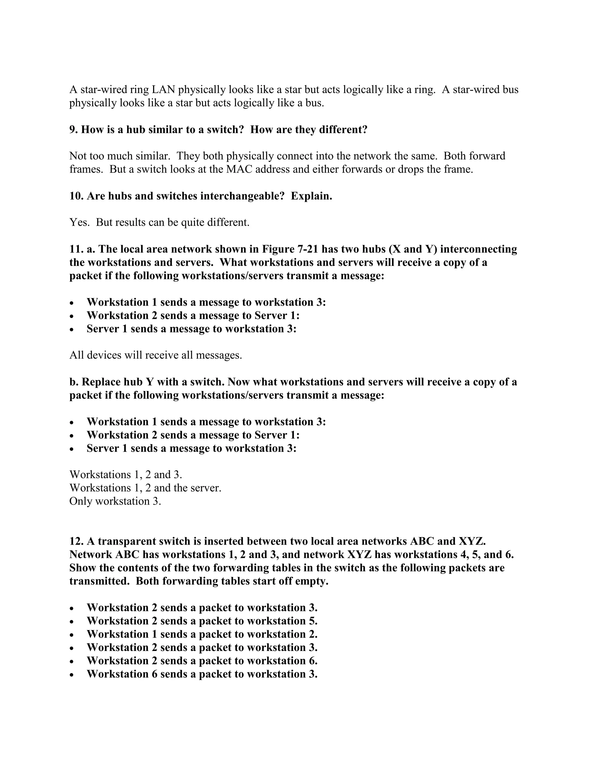 A star-wired ring LAN physically looks like a star but acts logically like a ring. A star-wired bus
physically looks like a star but acts logically like a bus.
9. How is a hub similar to a switch? How are they different?
Not too much similar. They both physically connect into the network the same. Both forward
frames. But a switch looks at the MAC address and either forwards or drops the frame.
10. Are hubs and switches interchangeable? Explain.
Yes. But results can be quite different.
11. a. The local area network shown in Figure 7-21 has two hubs (X and Y) interconnecting
the workstations and servers. What workstations and servers will receive a copy of a
packet if the following workstations/servers transmit a message:
• Workstation 1 sends a message to workstation 3:
• Workstation 2 sends a message to Server 1:
• Server 1 sends a message to workstation 3:
All devices will receive all messages.
b. Replace hub Y with a switch. Now what workstations and servers will receive a copy of a
packet if the following workstations/servers transmit a message:
• Workstation 1 sends a message to workstation 3:
• Workstation 2 sends a message to Server 1:
• Server 1 sends a message to workstation 3:
Workstations 1, 2 and 3.
Workstations 1, 2 and the server.
Only workstation 3.
12. A transparent switch is inserted between two local area networks ABC and XYZ.
Network ABC has workstations 1, 2 and 3, and network XYZ has workstations 4, 5, and 6.
Show the contents of the two forwarding tables in the switch as the following packets are
transmitted. Both forwarding tables start off empty.
• Workstation 2 sends a packet to workstation 3.
• Workstation 2 sends a packet to workstation 5.
• Workstation 1 sends a packet to workstation 2.
• Workstation 2 sends a packet to workstation 3.
• Workstation 2 sends a packet to workstation 6.
• Workstation 6 sends a packet to workstation 3.
 