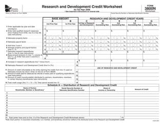 Research and Development Credit Worksheet                                                                                                                    FORM
                                                                                                                                                                                                                             3800N
       nebraska
                                                                                                                          for Tax Year 2006
      department
                                                                                                                                                                                                                             Worksheet
                                                                                                          • See important instructions on reverse side
      of revenue
Name as Shown on Form 3800N                                                                                                                                               Social Security Number or Nebraska Identiﬁcation Number


                                                                                   BASE AMOUNT                                                     RESEARCH AND DEVELOPMENT CREDIT YEARS
                                                                                   A           B                                               C           D          E           F                                                     G
                                                                                                                                     1st Year of Research  1st                  2nd                    3rd                     4th
                                                                          2nd Prior Year                   1st Prior Year
                                                                                                                                      and Development Succeeding Year      Succeeding Year        Succeeding Year         Succeeding Year
 1 Enter applicable tax year end date
                                                                      1
   (mo/day/yr) . . . . . . . . . . . . . . . . . . . . . . . . . .
                                                                          $                           $                              $                  $                 $                      $                       $
 2 Enter total qualiﬁed research expenses
   (from Federal Form 6765, line 9 or line 28)
                                                                      2
   (see instructions) . . . . . . . . . . . . . . . . . . . . .

                                                                                   .                            .                          .                   .                  .                      .                          .
 3 Nebraska property factor . . . . . . . . . . . . . . .             3                         %                            %                      %                 %                     %                       %                            %
                                                                                   .                            .                          .                   .                  .                      .                          .
 4 Nebraska payroll factor . . . . . . . . . . . . . . . .            4                         %                            %                      %                 %                     %                       %                            %
                                                                                   .                            .                          .                   .                  .                      .                          .
 5 Add lines 3 and 4 . . . . . . . . . . . . . . . . . . . . .        5                         %                            %                      %                 %                     %                       %                            %
 6 Average property and payroll factors
                                                                                   .                            .                          .                   .                  .                      .                          .
                                                                                                %                            %                      %                 %                     %                       %                            %
                                                                      6
   (line 5 ÷ 2) . . . . . . . . . . . . . . . . . . . . . . . . . .
 7 Nebraska research expenditures                                         $                           $                              $                  $                 $                      $                       $
                                                                      7
   (line 2 x line 6) (see instructions) . . . . . . . . .
 8 Base amount [(column A, line 7 + column B,                             $
   line 7) ÷ 2]. Enter here and in columns C
                                                                      8
   through G . . . . . . . . . . . . . . . . . . . . . . . . . . .
                                                                                                                                     $                  $                 $                      $                       $
 9 Increase in research expenditures line 7 minus line 8 . . . . . . . . . . . . . . . . . . . . . . . . .                      9
10 Nebraska Research and Development Credit (line 9 x 3%) . . . . . . . . . . . . . . . . . . . . .                           10
                                                                                                                                                            USE OF RESEARCH AND DEVELOPMENT CREDIT
11 Amount of credit (refundable to the entity claiming the credit) from line 10 used on
   Nebraska income tax return. Enter on line 22 of Form 3800N . . . . . . . . . . . . . . . . . . . 11
12 Amount of credit used for sales/use tax refunds of taxes paid on qualifying expenditures
   (see instructions) . . . . . . . . . . . . . . . . . . . . . . . . . . . . . . . . . . . . . . . . . . . . . . . . . . . . . 12
13 Amount of credit (nonrefundable) distributed to partners, shareholders, members,
   or certain ﬁduciary beneﬁciaries (see instructions) . . . . . . . . . . . . . . . . . . . . . . . . . . . 13
14 Total credit usage (line 11 + 12 + 13). Total cannot exceed line 10 . . . . . . . . . . . . . . .                          14
                                                                              Schedule A — Distribution of Research and Development Credit
                           Name of Partner,                                                        Social Security Number or                                     Share of
                                                                                                                                                                                                             Amount of Credit
                  Shareholder, Member or Beneﬁciary*                                             Nebraska Identiﬁcation Number                              Income or Ownership
 1
 2
 3
 4
 5
 6
 7
 8
 9
10
11 Total (enter here and on line 13 of the Research and Development Credit Worksheet above) . . . . . . . . . . . . . . . . . . . . . . . . . . . . . . . . . . 11
*Note: Each partner, S corporation shareholder, LLC member, and beneﬁciary should be notiﬁed of the distributed share of the Research and Development credit.
                                                                                                                                                                                                                                            8-625-2007
 