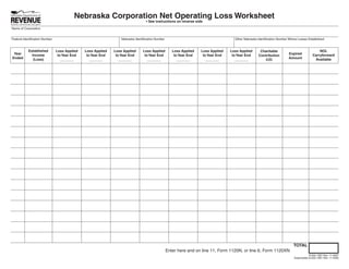 Nebraska Corporation Net Operating Loss Worksheet
                                                                                 • See instructions on reverse side
Name of Corporation


Federal Identiﬁcation Number                                     Nebraska Identiﬁcation Number                                      Other Nebraska Identiﬁcation Number Where Losses Established


           Established                                                                                                                                                                       NOL
                               Loss Applied   Loss Applied   Loss Applied      Loss Applied         Loss Applied   Loss Applied   Loss Applied      Charitable
 Year                                                                                                                                                                   Expired
             Income                                                                                                                                                                      Carryforward
                                to Year End    to Year End    to Year End       to Year End          to Year End    to Year End    to Year End     Contribution
Ended                                                                                                                                                                   Amount
              (Loss)                                                                                                                                                                      Available
                                  _______        _______        _______           _______              _______        _______        _______          C/O




                                                                                                                                                                           TOTAL
                                                                                                 Enter here and on line 11, Form 1120N, or line 6, Form 1120XN
                                                                              SAVE
                                              RESET          PRINT
                                                                                                                                                                                      8-552-1997 Rev. 11-2007
                                                                                                                                                                           Supersedes 8-552-1997 Rev. 11-2000
 