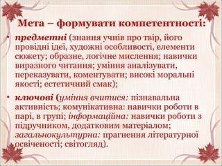 Мета – формувати компетентності:
• предметні (знання учнів про твір, його
провідні ідеї, художні особливості, елементи
сюжету; образне, логічне мислення; навички
виразного читання; уміння аналізувати,
переказувати, коментувати; високі моральні
якості; естетичний смак);
• ключові (уміння вчитися: пізнавальна
активність; комунікативна: навички роботи в
парі, в групі; інформаційна: навички роботи з
підручником, додатковим матеріалом;
загальнокультурна: прагнення літературної
освіченості; світогляд).
 