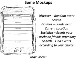 Some Mockups


       Discover – Random event
                search
         Explore – Events near
           Current Location
        Socialize – Events your
      Facebook friends attending
         Search – Find events
       according to your choice


  Main Menu
 