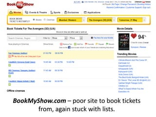 BookMyShow.com – poor site to book tickets
       from, again stuck with lists.
 