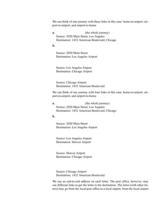 3
P9-6. We can think of one journey with three links in this case: home-to-airport, air-
port-to-airport, and airport-to-home
a. End-to-end addresses (the whole journey)
Source: 2020 Main Street, Los Angeles
Destination: 1432 American Boulevard, Chicago
b.
First Link
Source: 2020 Main Street
Destination: Los Angeles Airport
Second Link
Source: Los Angeles Airport
Destination: Chicago Airport
Third Link
Source: Chicago Airport
Destination: 1432 American Boulevard
P9-7. We can think of one journey with four links in this case: home-to-airport, air-
port-to-airport, and airport-to-home
a. End-to-end addresses (the whole journey)
Source: 2020 Main Street, Los Angeles
Destination: 1432 American Boulevard, Chicago
b.
First Link
Source: 2020 Main Street
Destination: Los Angeles Airport
Second Link
Source: Los Angeles Airport
Destination: Denver Airport
Third Link
Source: Denver Airport
Destination: Chicago Airport
Fourth Link
Source: Chicago Airport
Destination: 1432 American Boulevard
P9-8. We use an end-to-end address on each letter. The post office, however, may
use different links to get the letter to the destination. The letter (with other let-
ters) may go from the local post office to a local airport, from the local airport
 