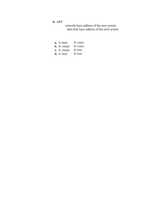 5
b. ARP
input: network-layer address of the next system
output: data-link layer address of the next system
P9-15.
a. A: host B: router
b. A: router B: router
c. A: router B: host
d. A: host B: host
 