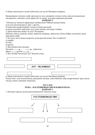 6. Какая деятельность людей губительна для лугов? Вычеркни неверное.
Вылавливание лягушек и жаб, прогулки по лугу, разорение птичьих гнёзд, игра на музыкальном
инструменте, сжигание сухой травы, бег по утрам, заготовка кормовых растений.
ВАРИАНТ 2
1.Почему луг является природным сообществом? Обведи нужную букву.
а) на лугу растения растут друг с другом;
б) животные распространяют плоды и семена растений;
в) жизнь растений животных луга тесно связана, они живут сообща.
2. Какие животные живут на лугу? Подчеркни.
Бабочки, шмели, медведи, мыши, перепела, ящерицы, трясогузки, белки, бобры, кузнечики, жуки –
навозники, жабы.
3. На лугах часто можно встретить кучки рыхлой почвы. Чья это работы?
а) червей;
б) пчёл;
в) кротов.
4. Восстанови цепи питания.
Растения
…….
коростель;
Цветы
мухи
… .
5. Как человек использует луг? Заполни схему.

ЛУГ - ЧЕЛОВЕКУ

6. Какая деятельность людей губительна для лугов? Вычеркни неверное.
Чтение книг, езда на велосипеде, разведение костров, ловля бабочек, сбор лекарственных трав, мытьё
посуды, выпас домашних животных.
ТЕСТ №10
ТЕМА: «РАСТЕНИЕВОДСТВО В НАШЕМ КРАЕ»
ВАРИАНТ 1
1. На какие отрасли делится растениеводство? Заполни схему.

РАСТЕНИЕВОДСТВО

18

 