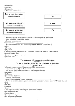 а) Акрополь;
б) Агора;
в) Академия.
2. Установи соответствие.

Бог в виде человека с
головой птицы

Тот

Бог в виде человека с
головой птицы ибиса

Себек

Бог в виде человека с
головой крокодила

Ра

3. Какие постройки возводил египтяне для гробниц фараонов? Подчеркни.
Храмы, пирамиды, саркофаги, мумии.
4. Допиши предложение.
Столица Италии - ___________________________________.
5. Кто согласно легенде, был первым царём Рима? Обведи нужную букву.
а) Рем;
б) Ромул;
в) Нумитор.
6. Какие мероприятия проводились в римском амфитеатре? Обведи нужную букву.
а) гладиаторские бои;
б) театральные представления;
в) конские бега
Тесты к разделу «Страницы всемирной истории»
ТЕСТ №12
ТЕМА: «СРЕДНИЕ ВЕКА: ВРЕМЯ РЫЦАРЕЙ И ЗАМКОВ»
ВАРИАНТ 1
1. Какие города возникли в Средневековье? Вычеркни лишнее.
Амстердам, Берлин, Афины, Копенгаген.
2. Где возник буддизм в Средние века? Обведи нужную букву.
а) в Европе;
б) в Индии;
в) на Ближнем Востоке.
3. Допиши предложение.
Здания для молитв у мусульман называются ______________________.
4. Как называли воина на коне, закованного в латы, в шлеме, с мечом и щитом? Обведи нужную
букву.
а) витязь;
б) рыцарь;
в) оруженосец.
5. Где строили замки? Обведи буквы правильных ответов.
а) на высоком холме;
б) в глухом лесу;
в) на обрывистом утёсе;
г) на острове посреди реки;
21

 