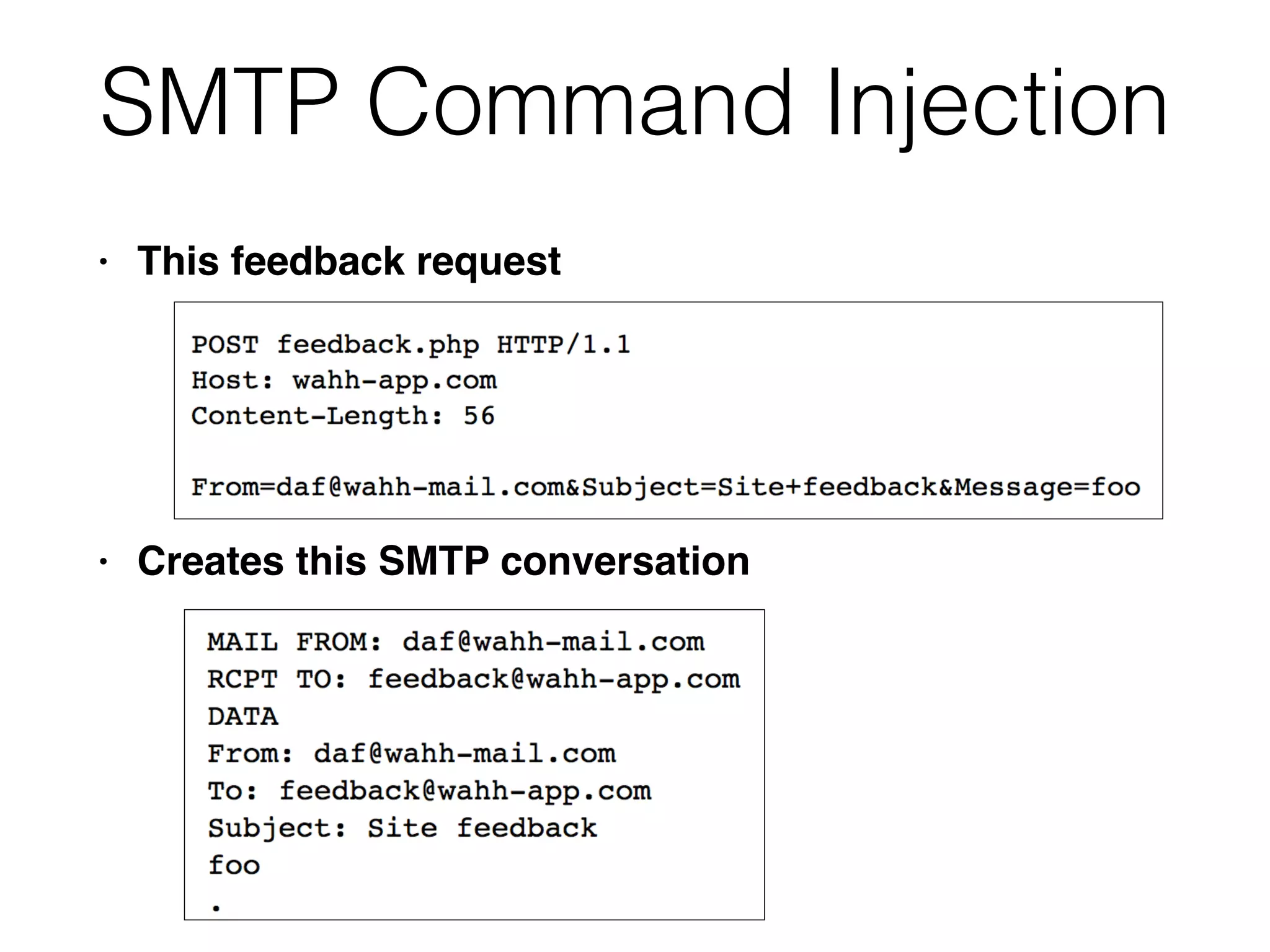 SMTP Command Injection
• This feedback reques
t

• Creates this SMTP conversation
 