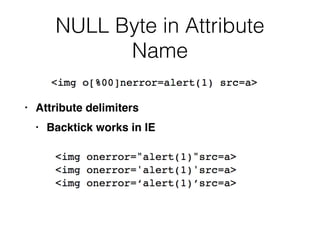 NULL Byte in Attribute
Name
• Attribute delimiter
s

• Backtick works in IE
 
